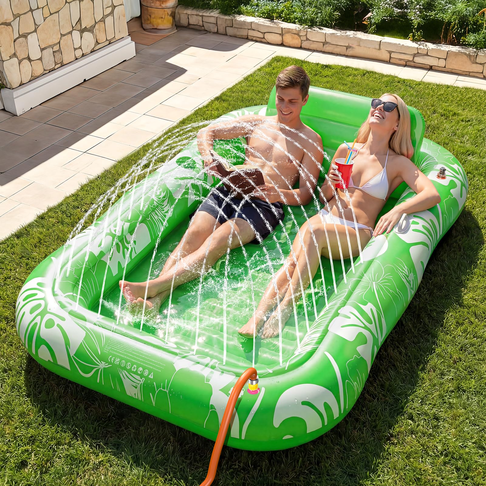 Inflatable Tanning Pool Lounger Float with Sprinkler, 77" x 48" Pool Floats Adult with Pillow, 6 in 1 Suntan Tub Raft Floatie with Drink Holder Sunbathing Water Lounge