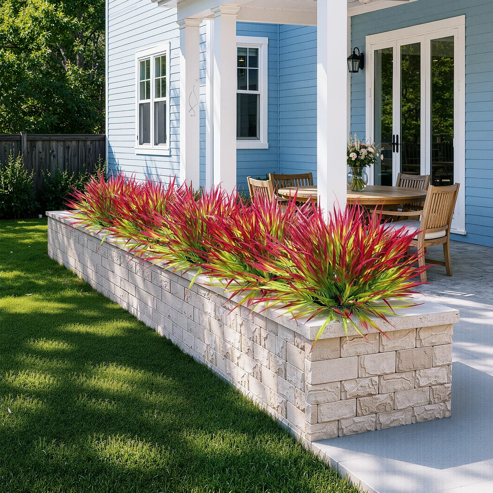 Uieke 28 Bundles Artificial Outdoor Plants UV Resistant Fake Grass Plants Faux Plastic Plants Greenery Shrubs for Home Garden Pathway Window Box Front Porch Cemetery Fall Decor, Autumn Red