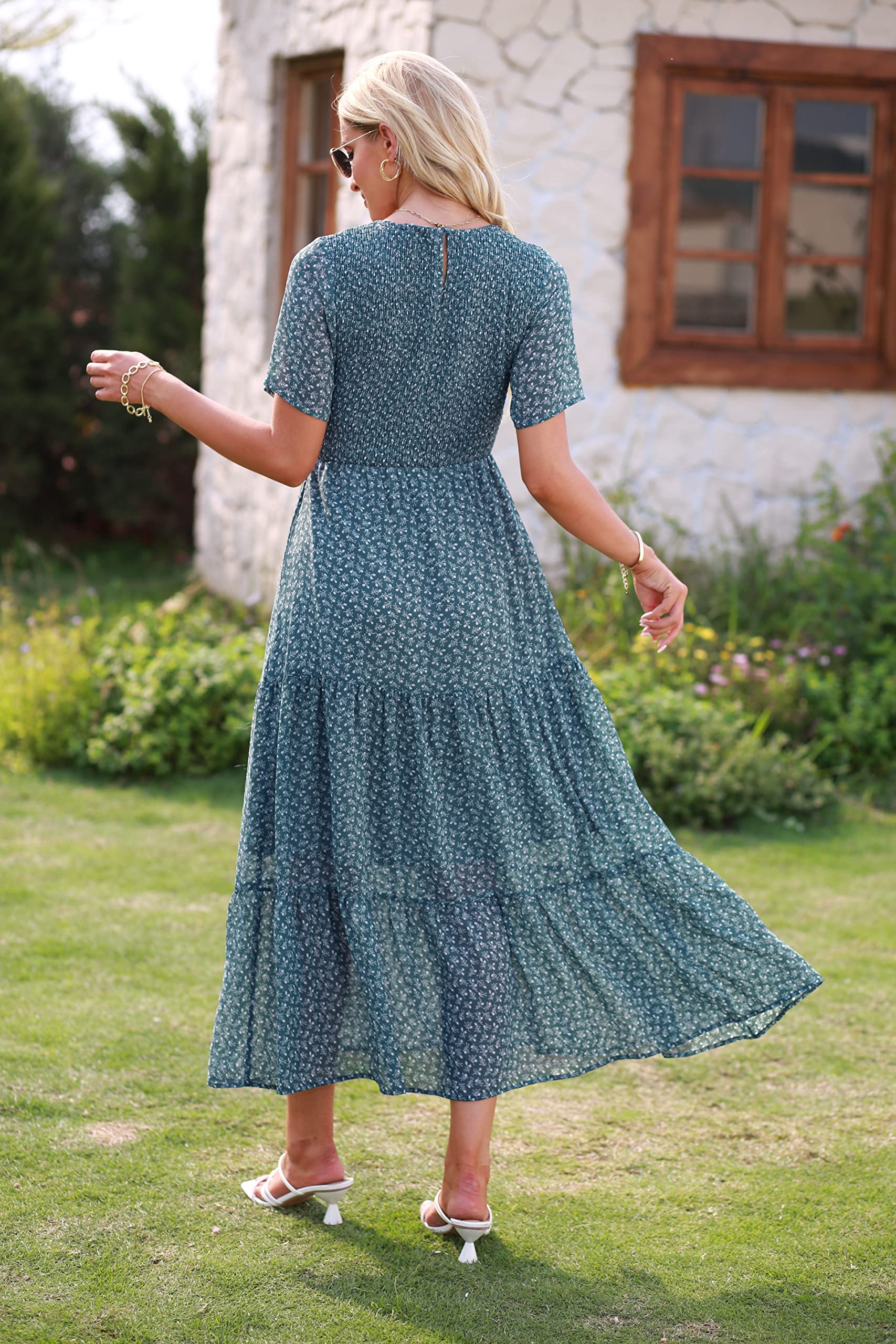 BTFBM Women Casual Short Sleeve Crew Neck Summer Dress Bohemian Floral Printed Flowy Maxi Dresses Tiered Cocktail Dress