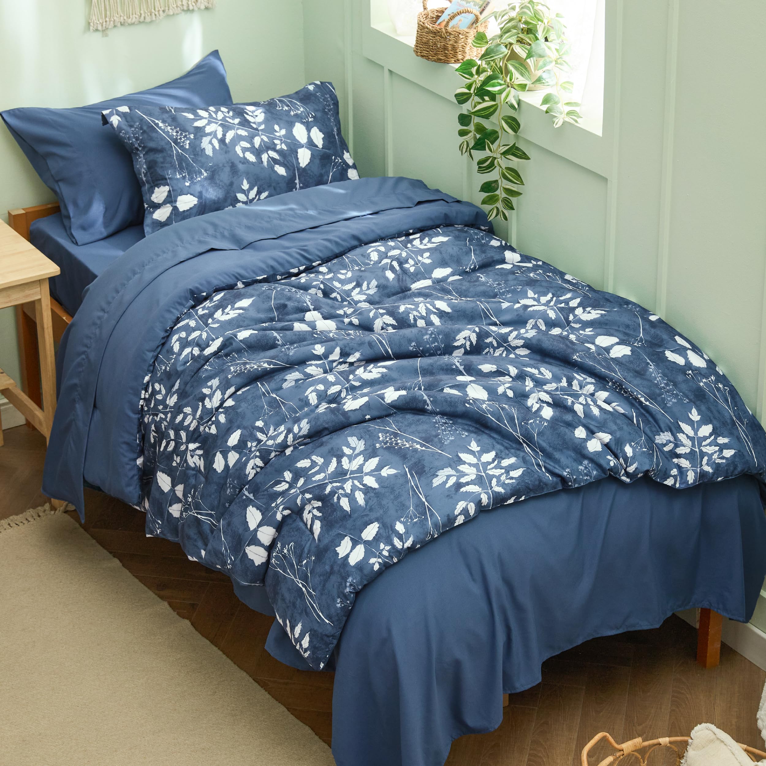 Bedsure Twin Comforter Set - 5 Pieces Floral Sage Green Soft Bedding Sets, Twin Bed in a Bag with Botanical Flowers Comforter, Sheets, Pillowcase & Sham