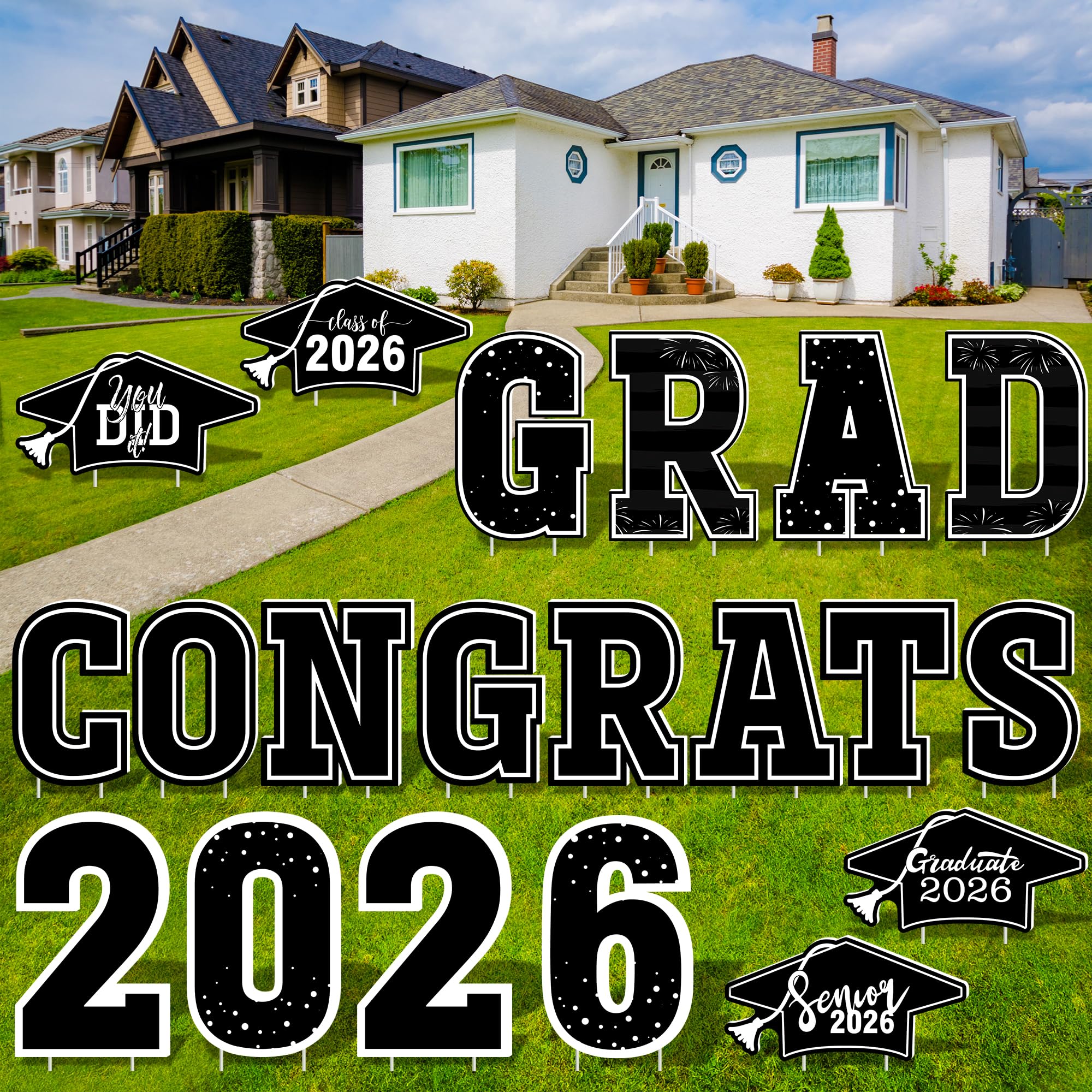 HOVACY 20 PCS Black Gold Graduation Yard Signs Class of 2026 | Black Gold 20 PCS, 40 Stakes, 11.57 x 16.14 in, Corrugated Plastic, Waterproof, Congrats Grad Sign, Graduation Sign