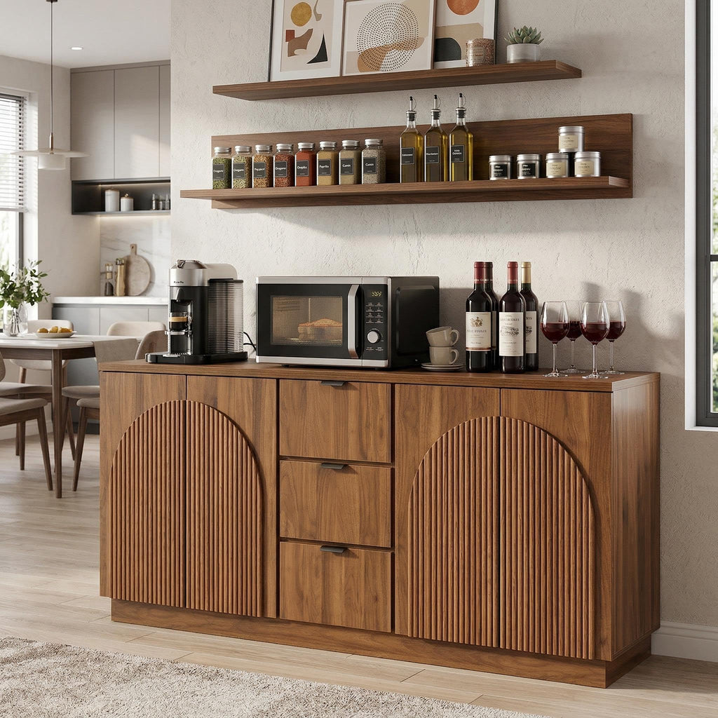 Yechen 55" Fluted Sideboard Buffet Cabinet with Storage, Wood Mid Century Modern Credenza Cabinet w/Arched Reeded Doors & Adjustable Shelves for Kitchen, Living Room, Entryway