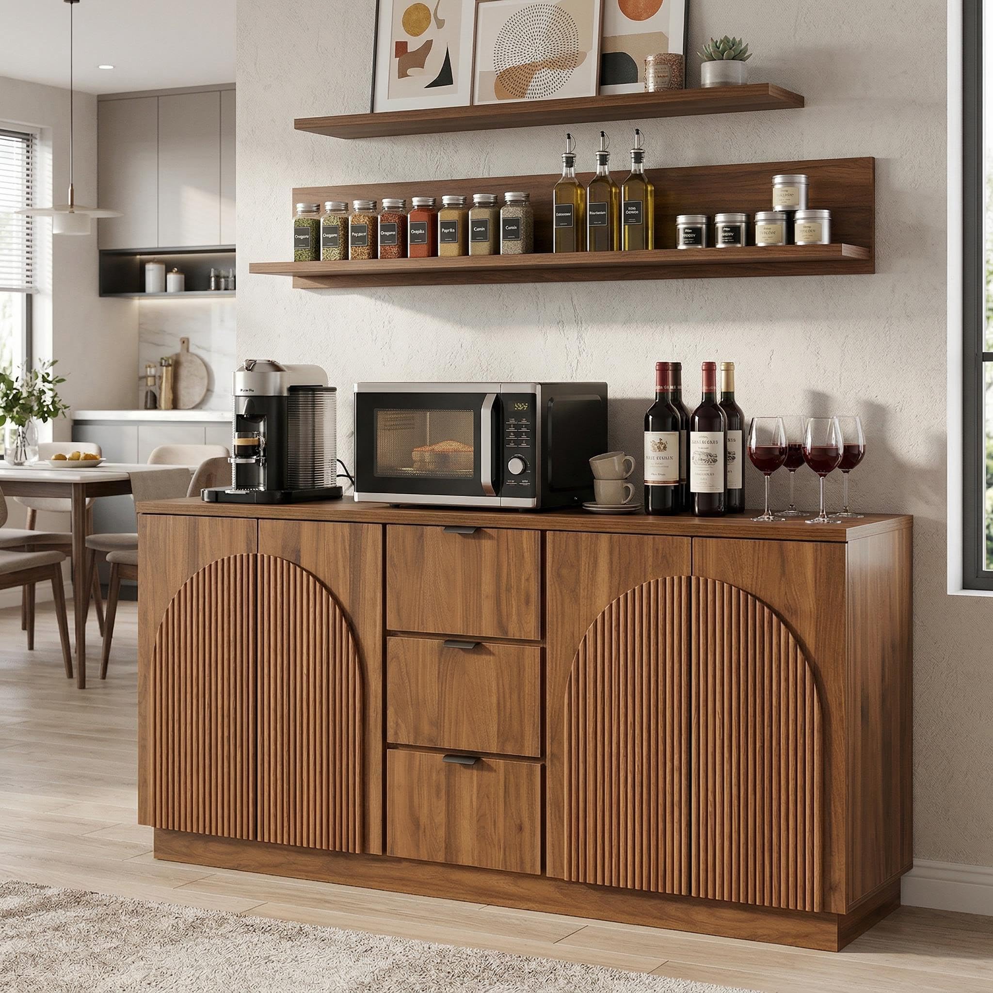 Yechen 55" Fluted Sideboard Buffet Cabinet with Storage, Wood Mid Century Modern Credenza Cabinet w/Arched Reeded Doors & Adjustable Shelves for Kitchen, Living Room, Entryway