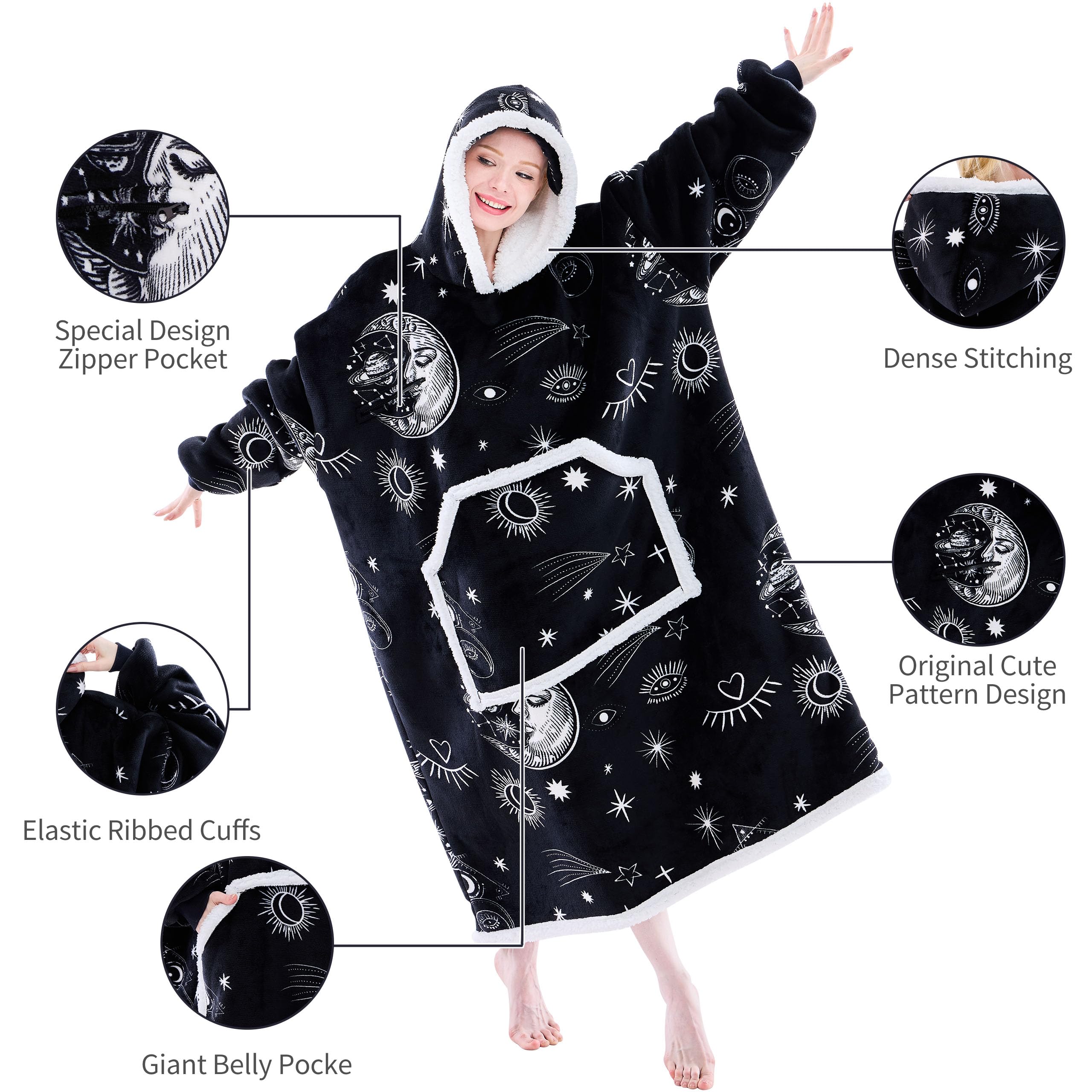 IFNOW Wearable Blanket Hoodie, Oversized Sherpa Fleece Hooded Sweatshirt with Eye Mask, Cozy and Giant Blanket Hoodie with Sleeves Extra Long for Adults Men Women, Black