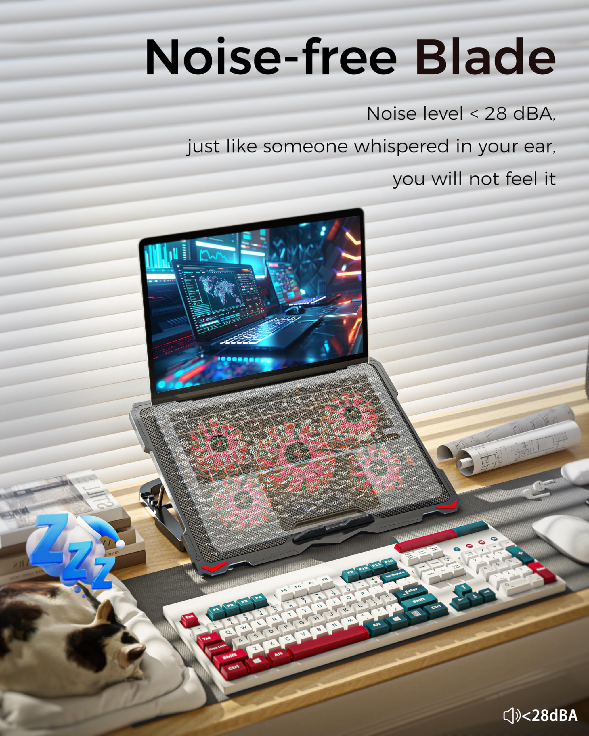AICHESON Laptop Cooling Pad 5 Fans Up to 17.3 Inch Heavy Notebook Cooler, Blue LED Lights, 2 USB Ports, S035, Blue-5fans