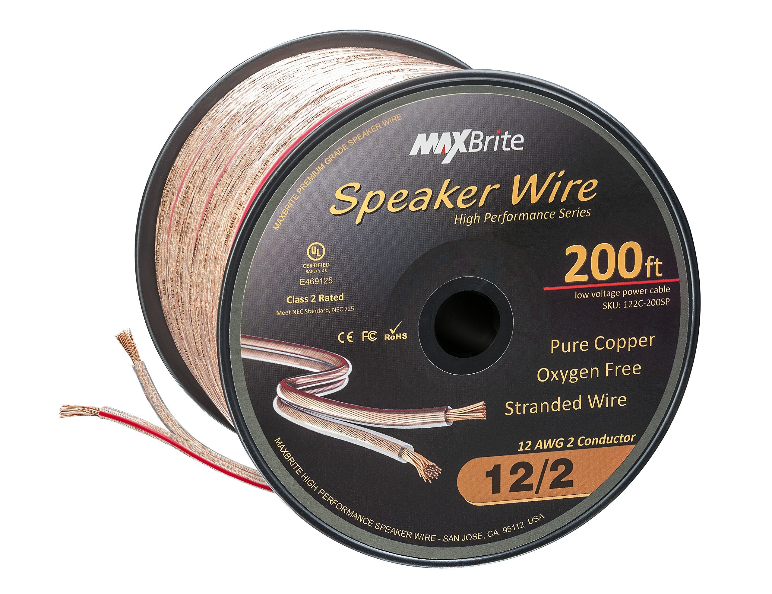 50 ft. Spool High Performance 12 Gauge Speaker Wire, Oxygen Free Pure Copper - UL Listed Class 2