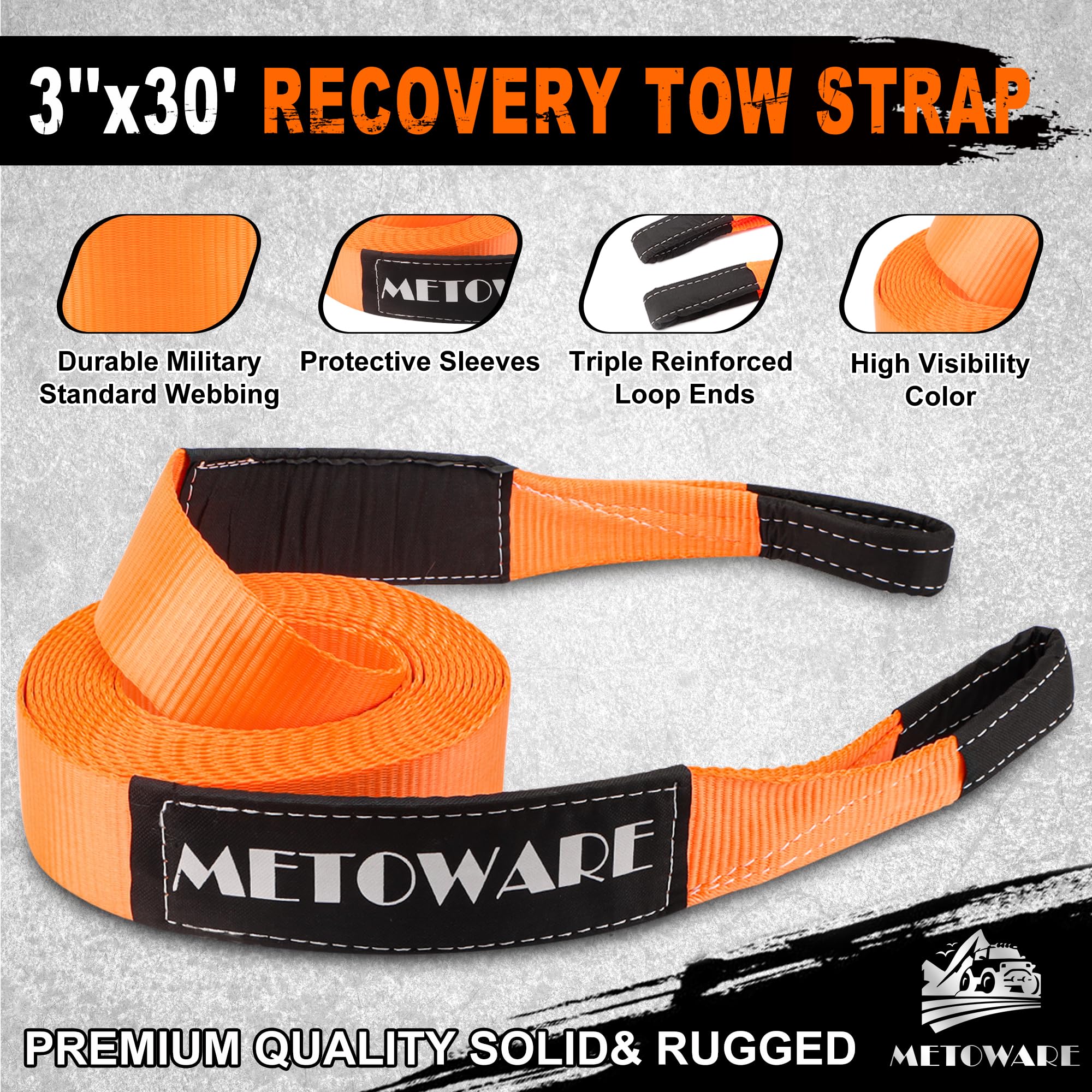 METOWARE Recovery Tow Strap Kit 3" x 20ft, Heavy Duty Recovery Strap 35,000lbs Break Strength with 3/4" D Ring Shackles(2pcs) & Storage Bag, Emergency Off Road Towing Rope for SUV, UTV, ATV, Truck