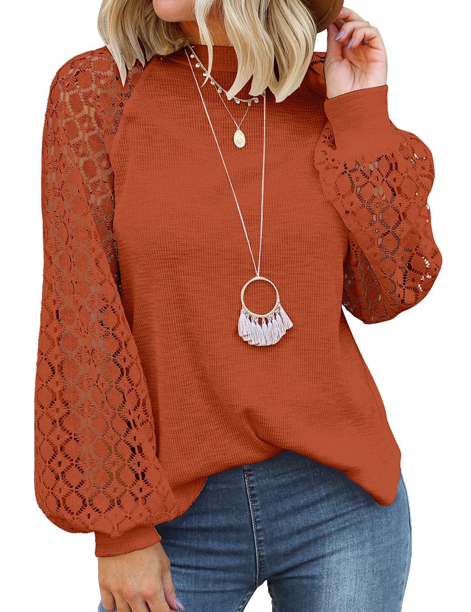 MIHOLL Women's Long Sleeve Tops Lace Casual Loose Blouses Shirts Dressy Outfits