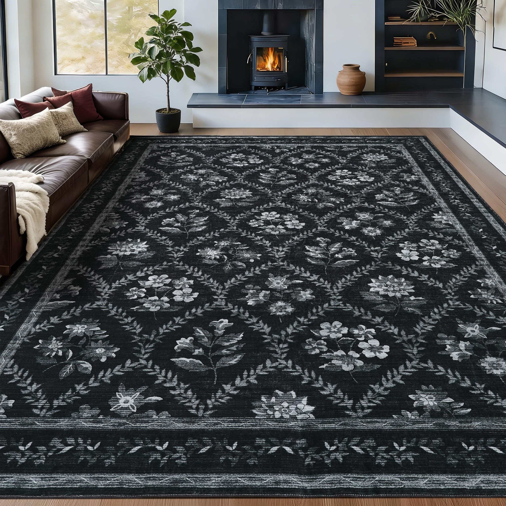 Black Floral Area Rug for Entryway 2x3 Washable Small Rug Low Pile Non Slip Distressed Entry Mat Soft Farmhouse Indoor Entrance Door Mat for Kitchen Bedroom Home Office Black Grey and White