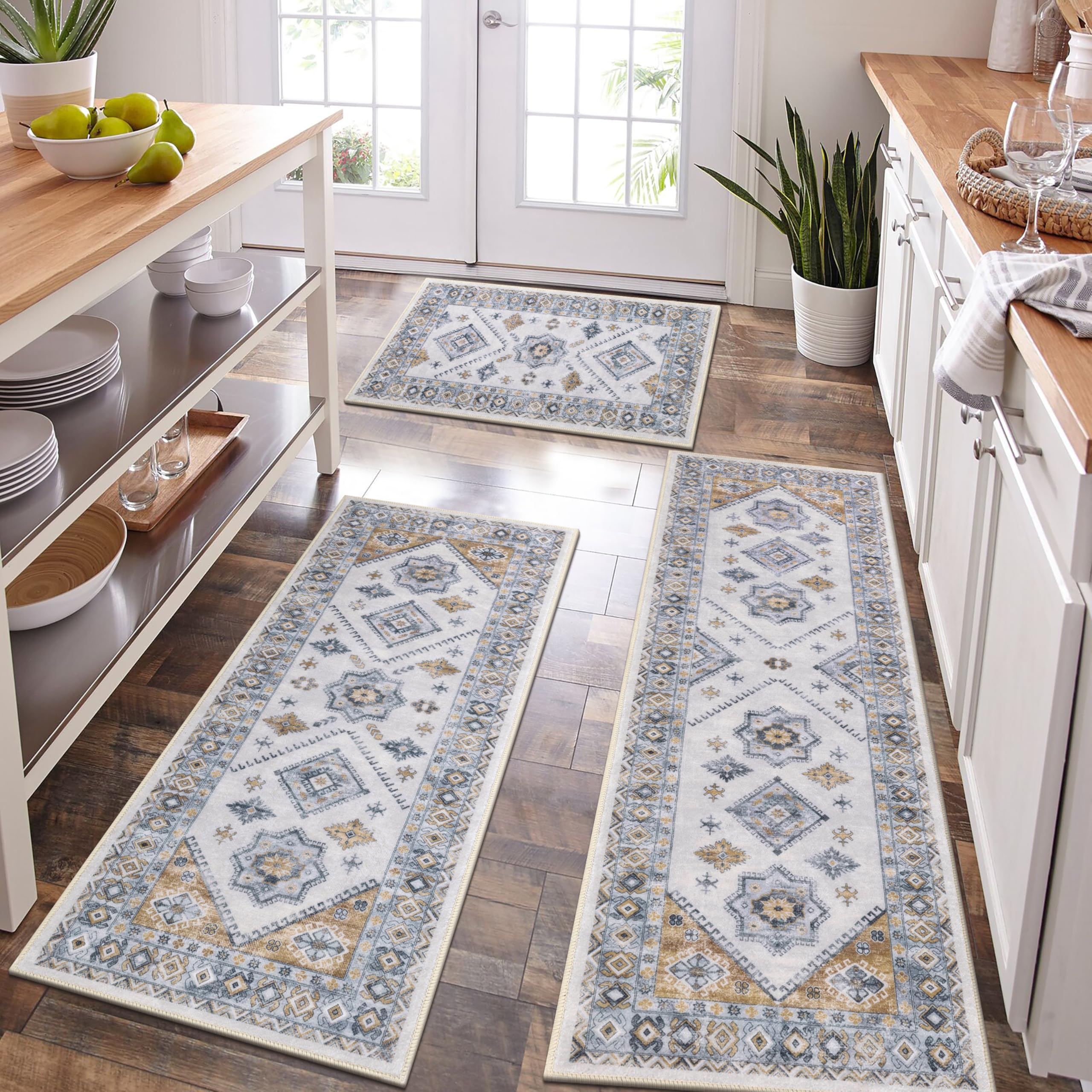 HEBE Boho Kitchen Rug Sets 3 Piece with Runner Non Slip Kitchen Rugs and Mats Washable Kitchen Mats for Floor Thick Kitchen Floor Mat Carpet Runner Rugs for Hallway Laundry Holiday Decor