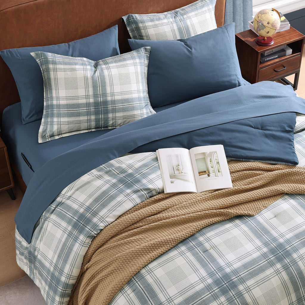 MaiRêve Queen Comforter Set, Classic Plaid Farmhouse Bedding Sets 7 Pieces, Beige All Season Bed in A Bag with Sheets, Pillowcases & Shams