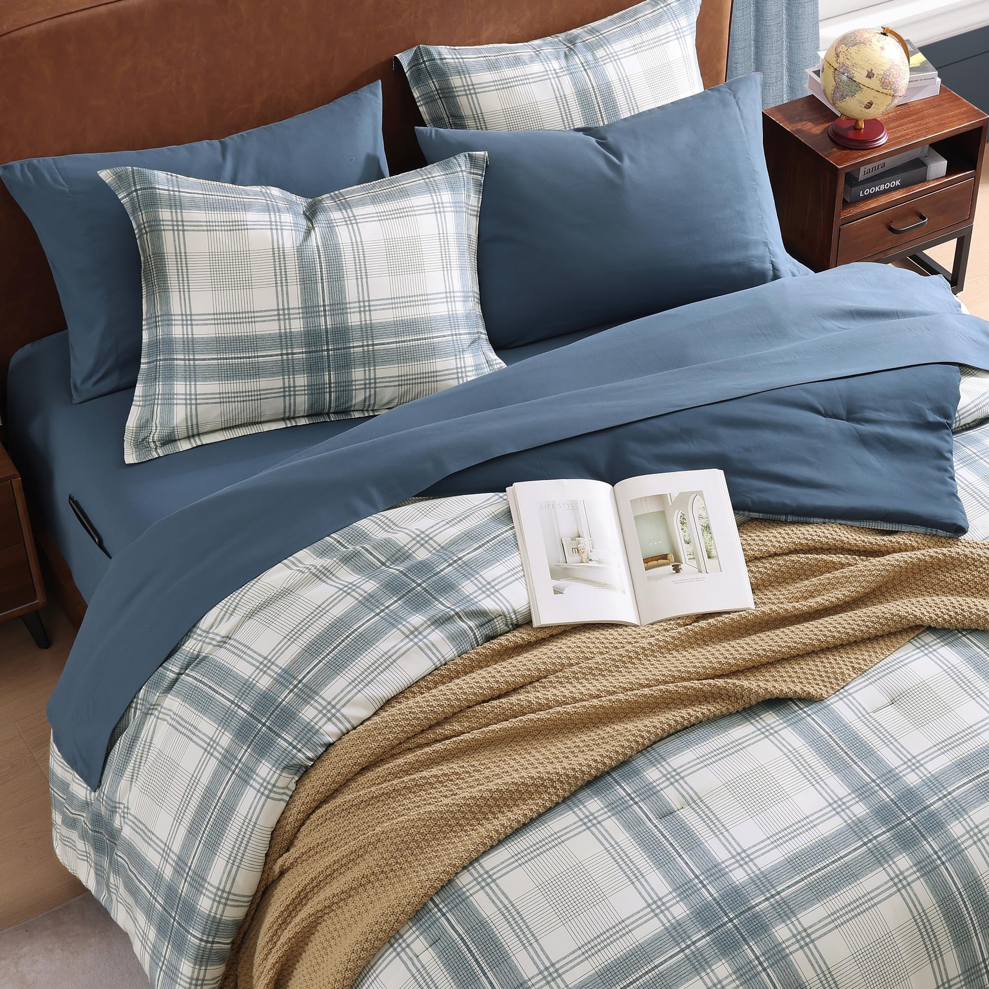 MaiRêve Queen Comforter Set, Classic Plaid Farmhouse Bedding Sets 7 Pieces, Beige All Season Bed in A Bag with Sheets, Pillowcases & Shams