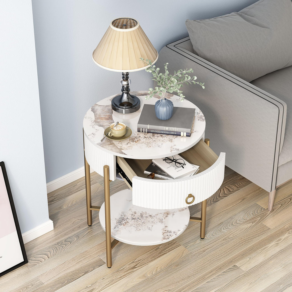 OIOG Modern Side Table with Drawer, Industrial 2 Tier End Table with Shelf, Wood Grain Nightstand with Storage for Living Room, Bedroom, Office, Dorm, Black
