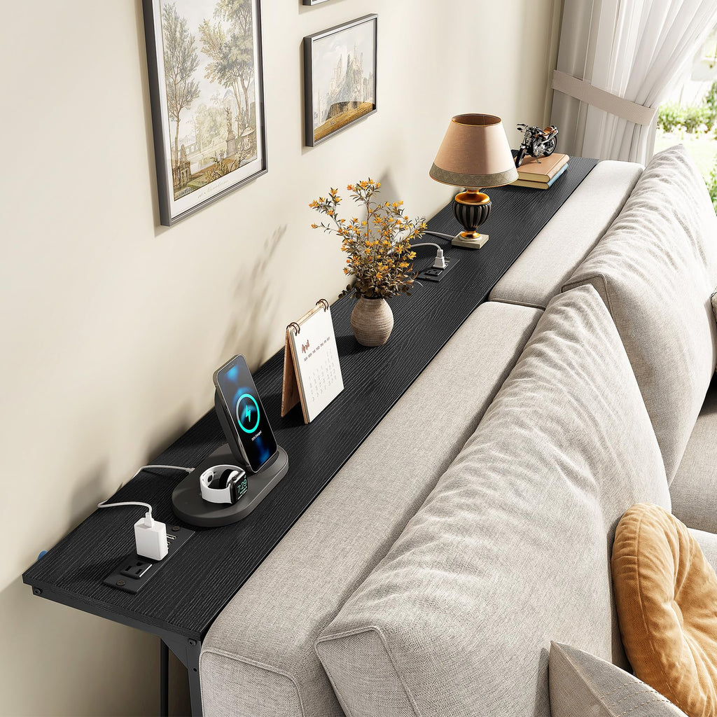 Kitstorack Narrow Sofa Table with Charging Station, 78.8" Behind Couch Table, Adjustable 24.4"-32.7" Height, Modular 2-piece Design for sectionals, entryways, Apartments, and Narrow Living Spaces
