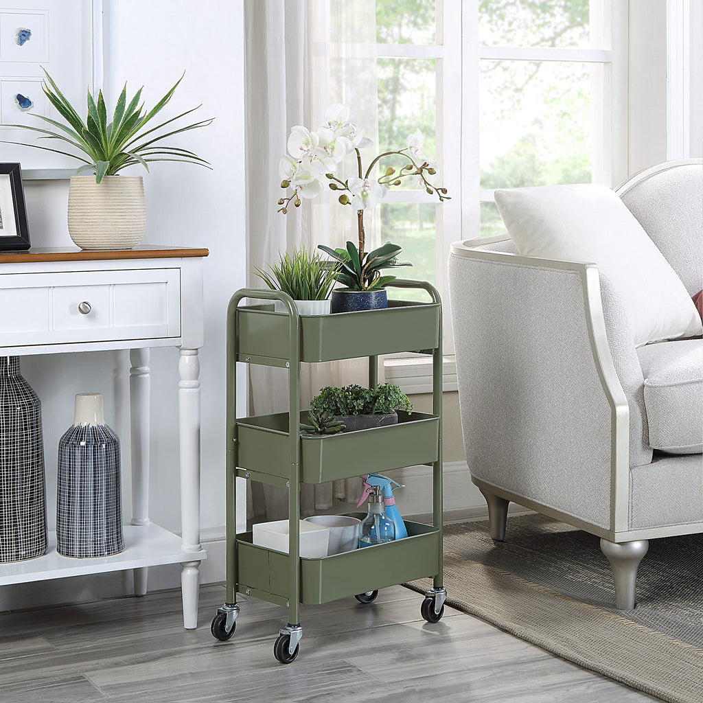 SunnyPoint 3-Tier Delicate Compact Rolling Metal Storage Organizer - Mobile Utility Cart Kitchen/Under Desk Cart with Caster Wheels - Army (15.35" X 10.24" X 26.8"H)