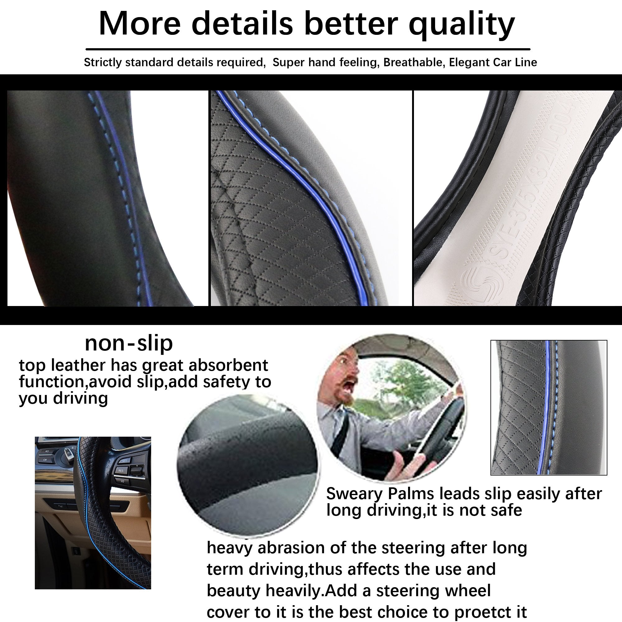 Car Steering Wheel Cover, Anti-Slip, Safety, Soft, Breathable, Heavy Duty, Thick, Full Surround, Sports Style (Black)