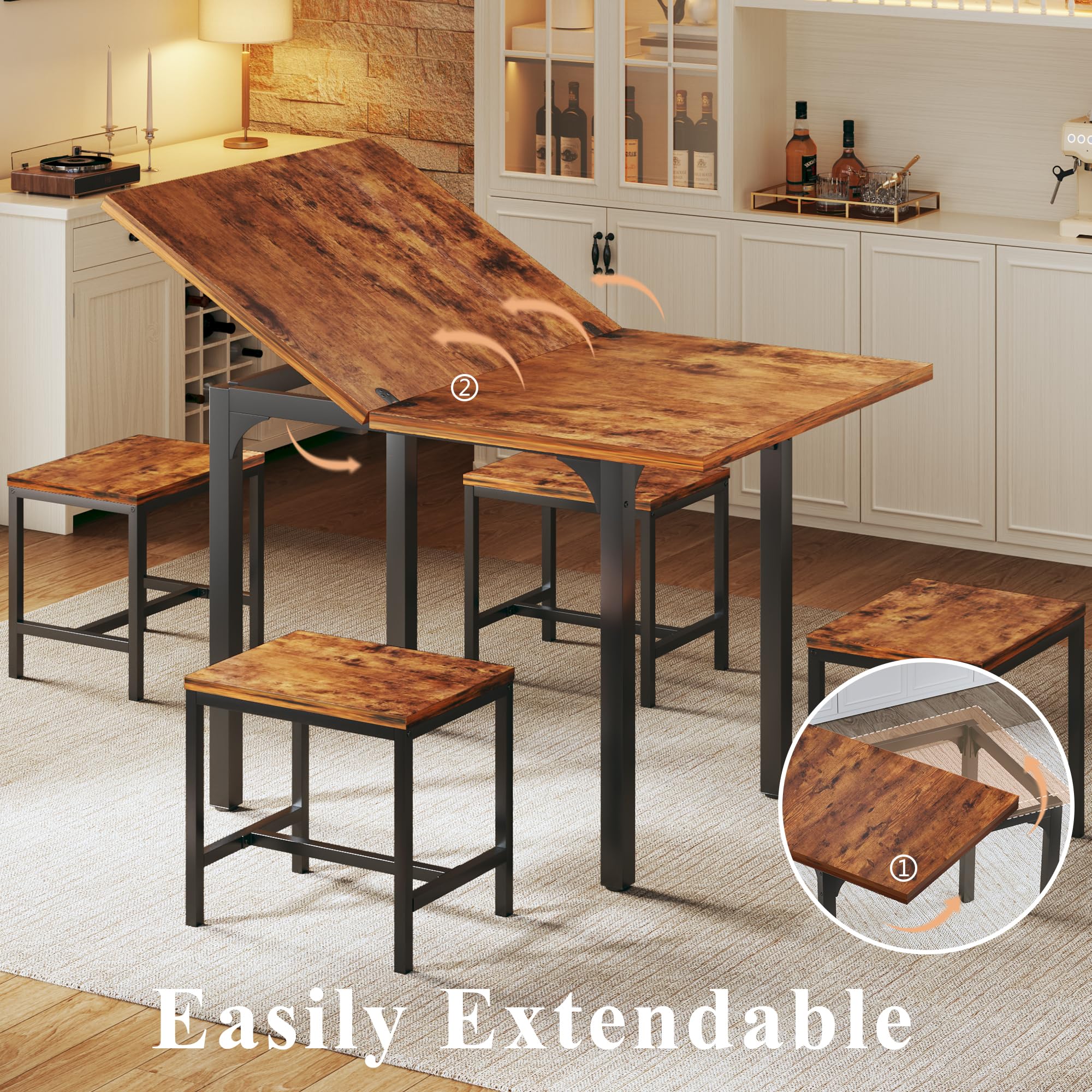 HUAHUU Dining Table Set for 4, Extendable Kitchen Table Cushion Chairs Set of 4, Rectangle Dining Table with Metal Frame & MDF Board, Folding for Small Apartment Saving Space, Black