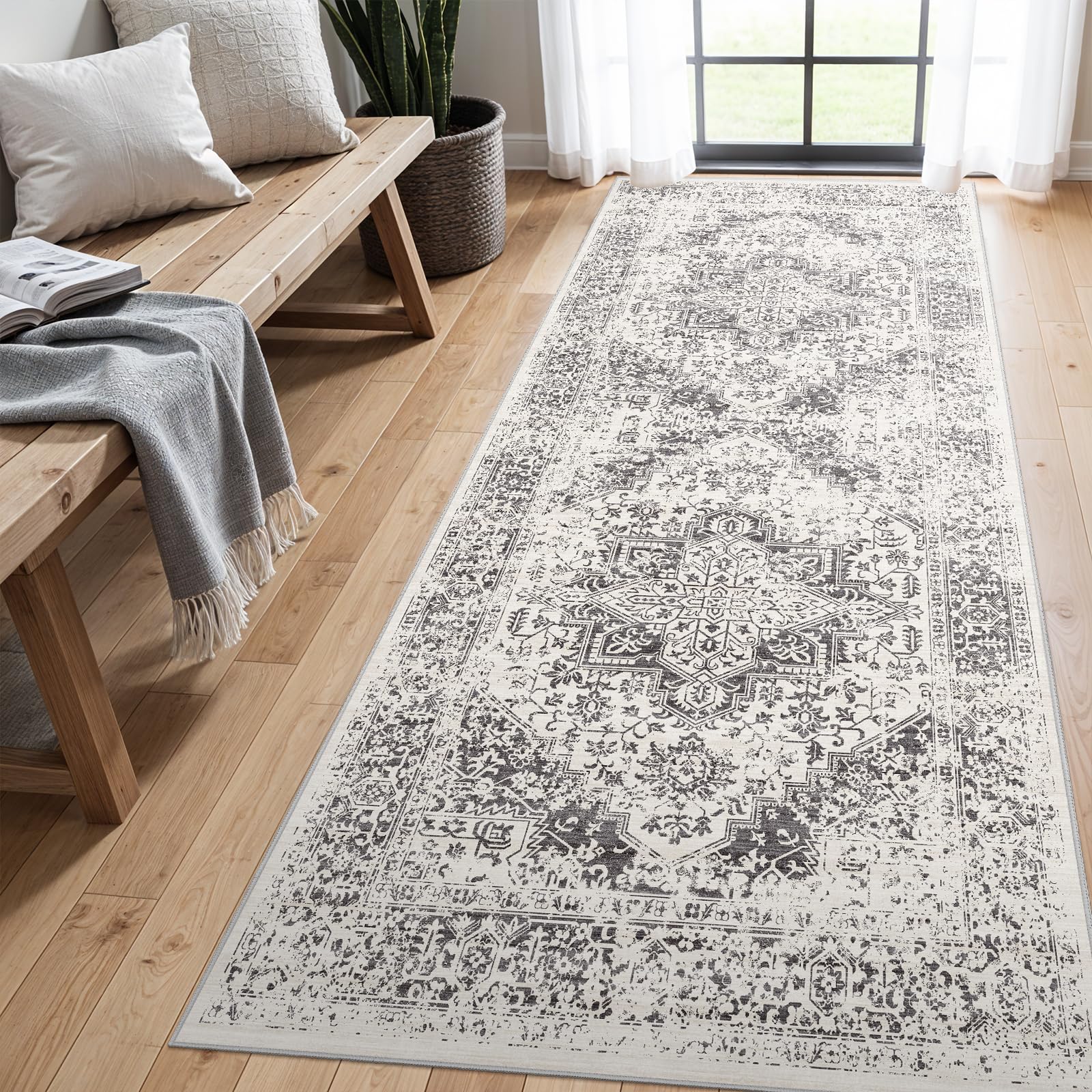 2x5 Washable Kitchen Runner Rug - Soft Low Pile Floral Animal Cat Print Rugs with Non-Slip Backing Waterproof Stain-Resistant Indoor Carpet for Hallway Entryway Bathroom Bedroom (Black)