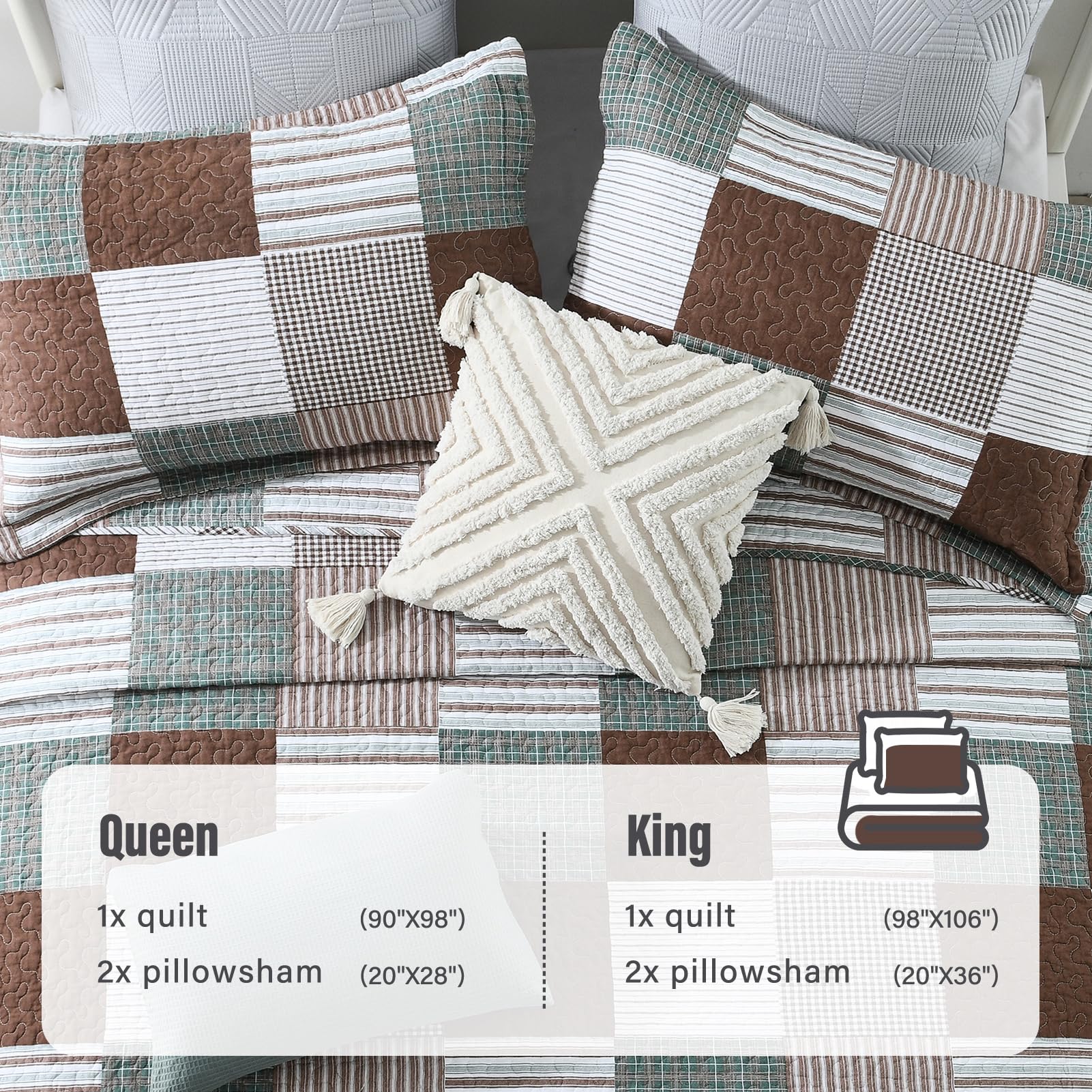 Y-PLWOMEN 100% Cotton Farmhouse Plaid Lightweight 3-Pieces Quilt Set (Blue Brown, Queen90 * 98 Inch)