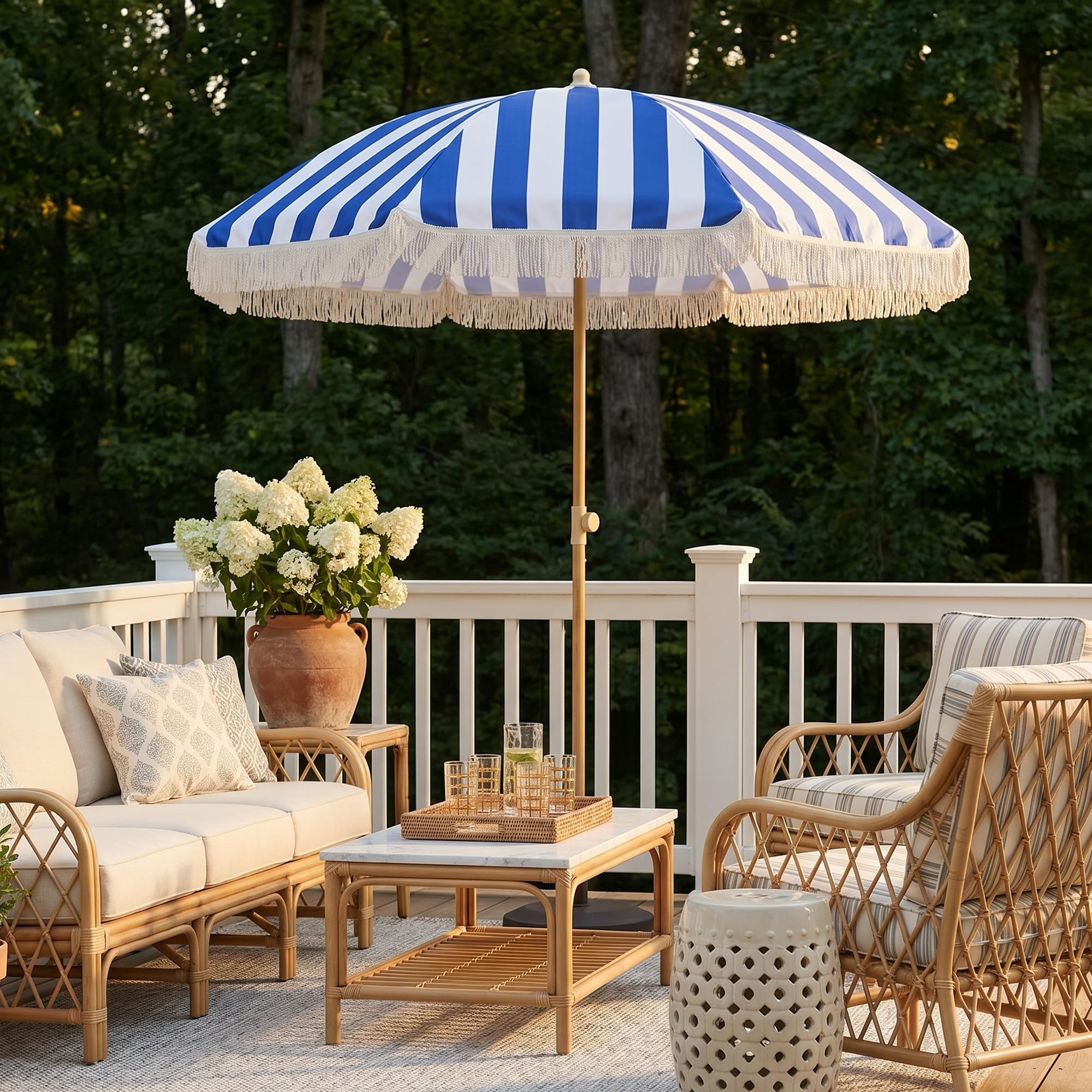 6.5FT Boho Patio Umberlla with Fringe,UPF50+ Outdoor Umbrella with Fiberglass Ribs and Push Button Tilt,Tassels Umbrella for Beach,Terrace,Picnic