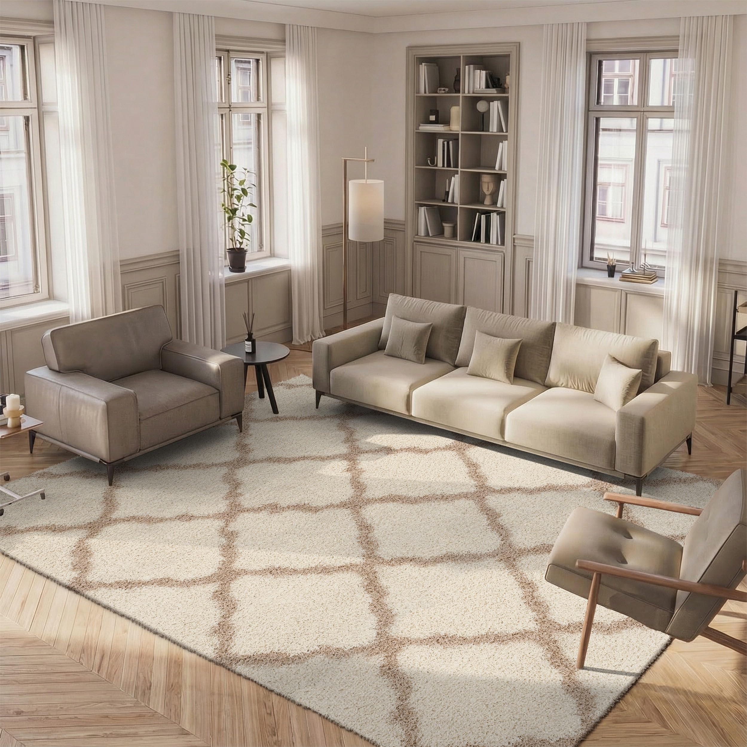 SAFAVIEH Dallas Shag Collection Accent Rug - 2'3" x 4', Beige & Ivory, Trellis Design, Non-Shedding & Easy Care, 1.5-inch Thick Ideal for High Traffic Areas in Entryway, Living Room, Bedroom (SGD257D)