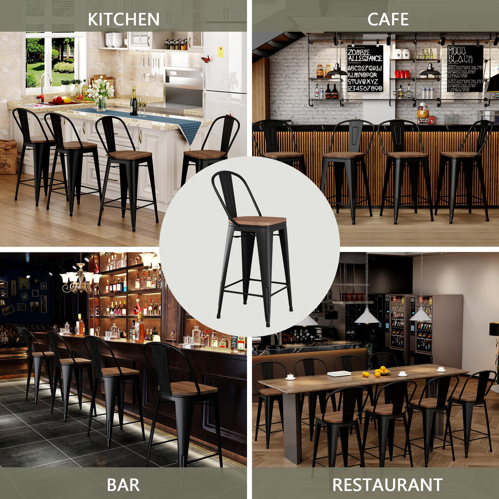 Barstools Set of 4 Counter Height Bar Stools for Kitchen Island Farmhouse Metal High Back Bar Chairs Wooden Seat 24" Matte Black