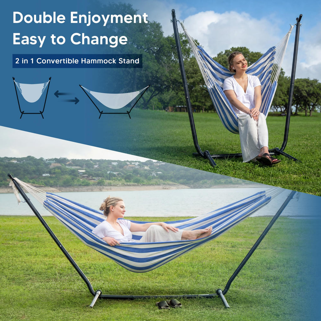 SUNCREAT 2-in-1 Convertible Free Standing Hammock with Stand Included, Camping Backyard Hammock with Stand, Patented, Blue & White Stripe