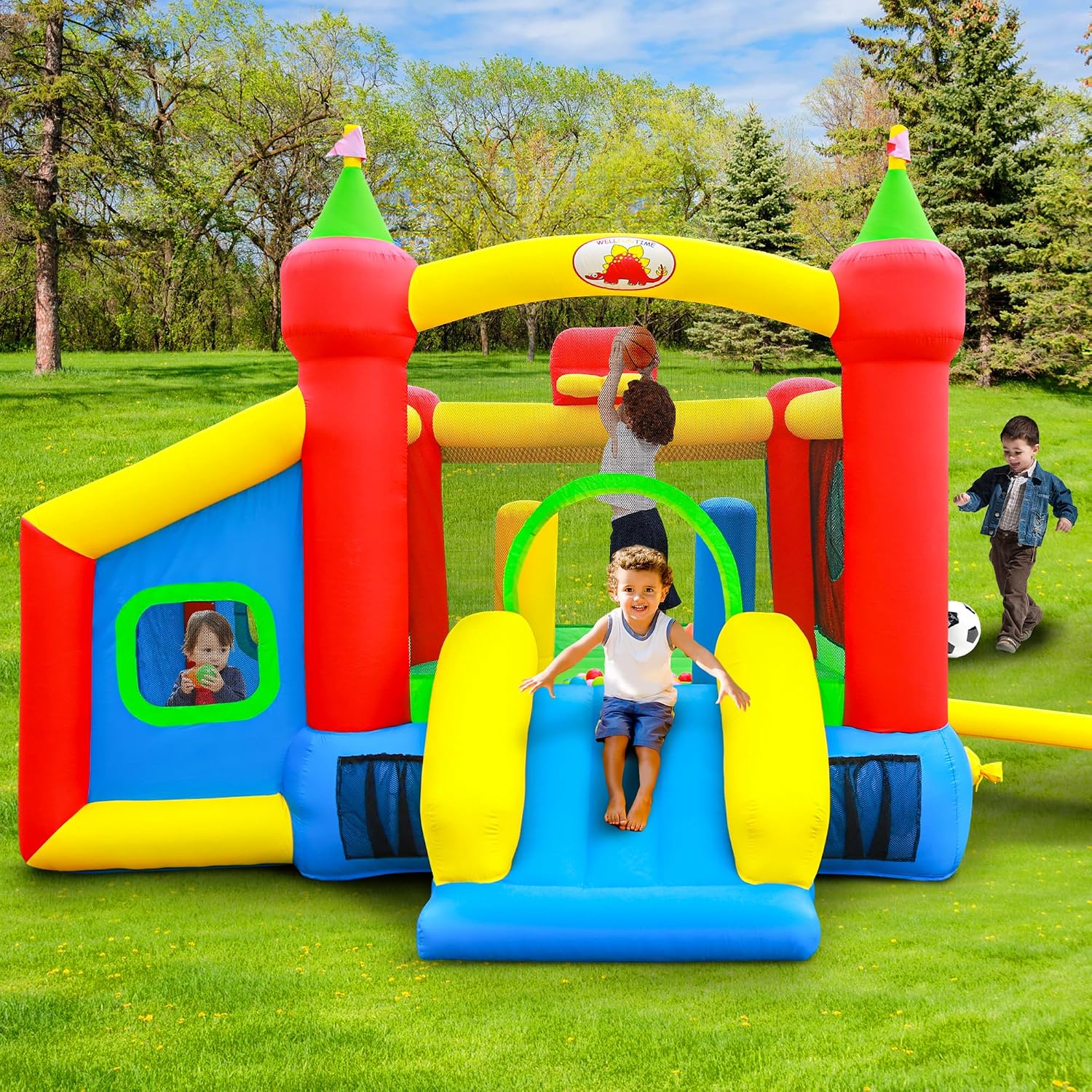 WELLFUNTIME Inflatable Bounce House,Jumping Castle Slide with Blower,Kids Bouncer with Ball Pit