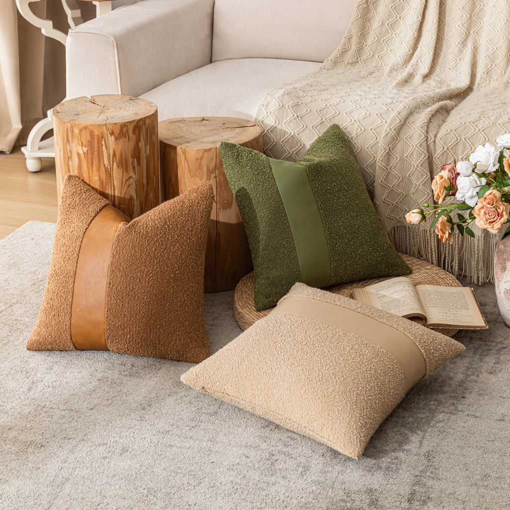 18"x18" Charcoal Black Boucle Throw Pillow Covers with Faux Leather Accents Set of 2 Fluffy Textured Decorative Pillow Cases for Couch Bed Boho Farmhouse Square Cushion Covers for Nordic Home
