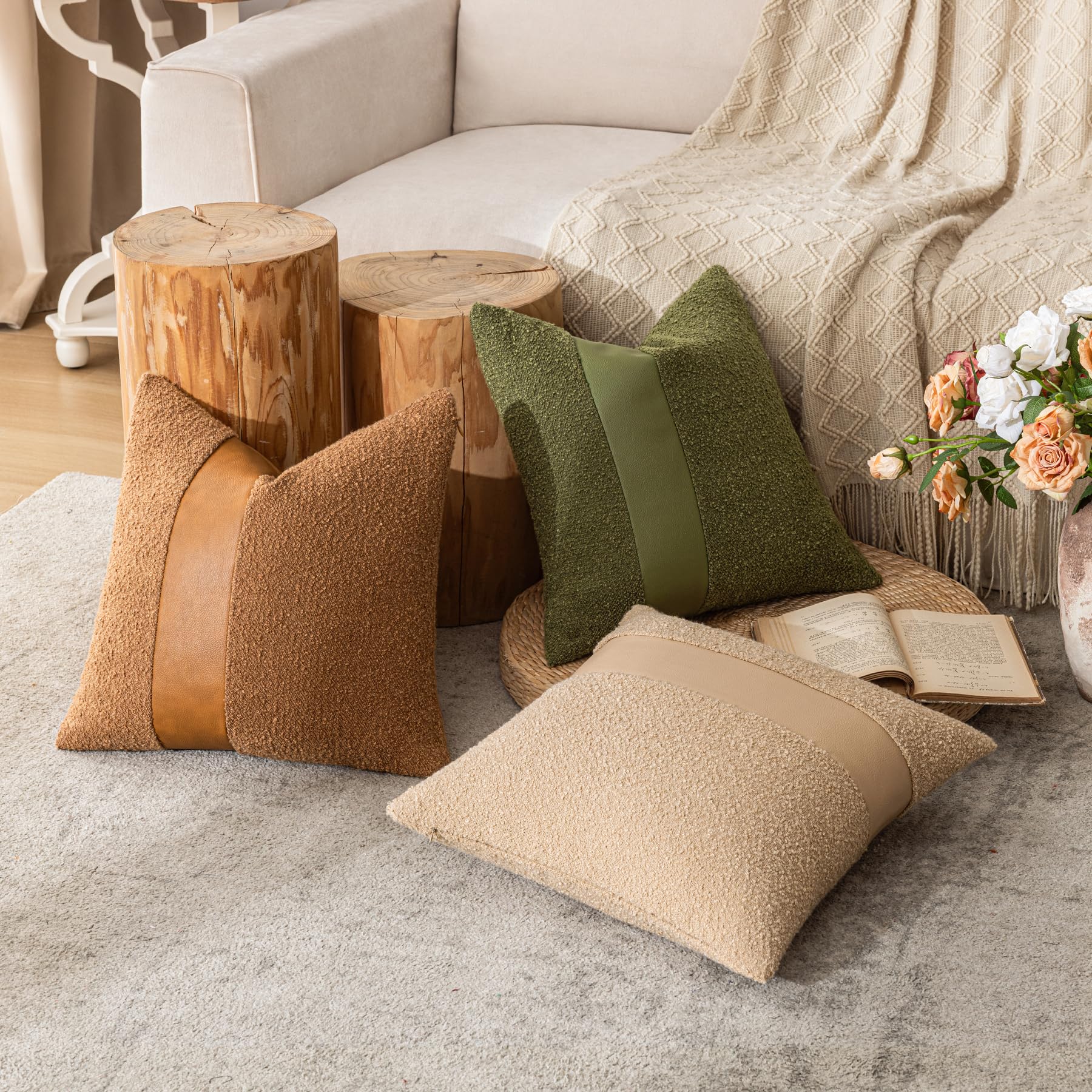 18"x18" Charcoal Black Boucle Throw Pillow Covers with Faux Leather Accents Set of 2 Fluffy Textured Decorative Pillow Cases for Couch Bed Boho Farmhouse Square Cushion Covers for Nordic Home