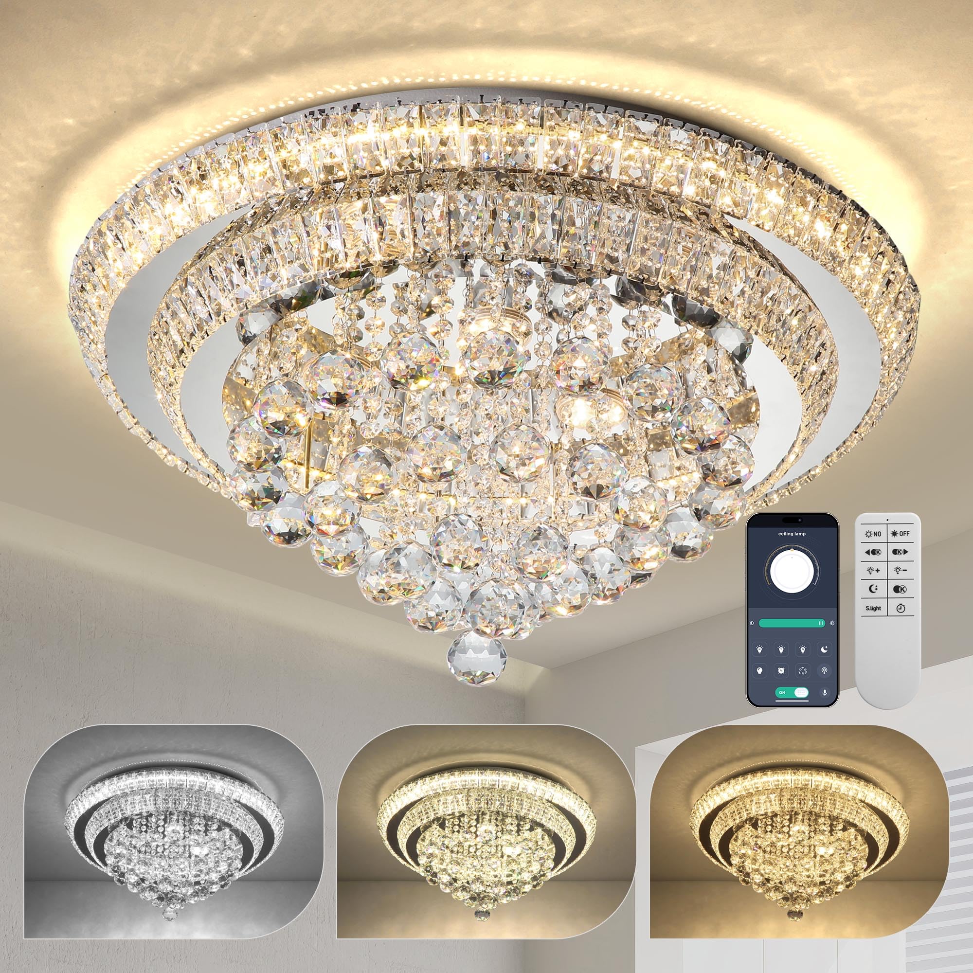 COCOSTAR 20" Gold Crystal Chandeliers, Flush Mount Chandelier LED Ceiling Light, Modern Crystal Raindrop Chandeliers for Dining Room, Living Room, Bedroom