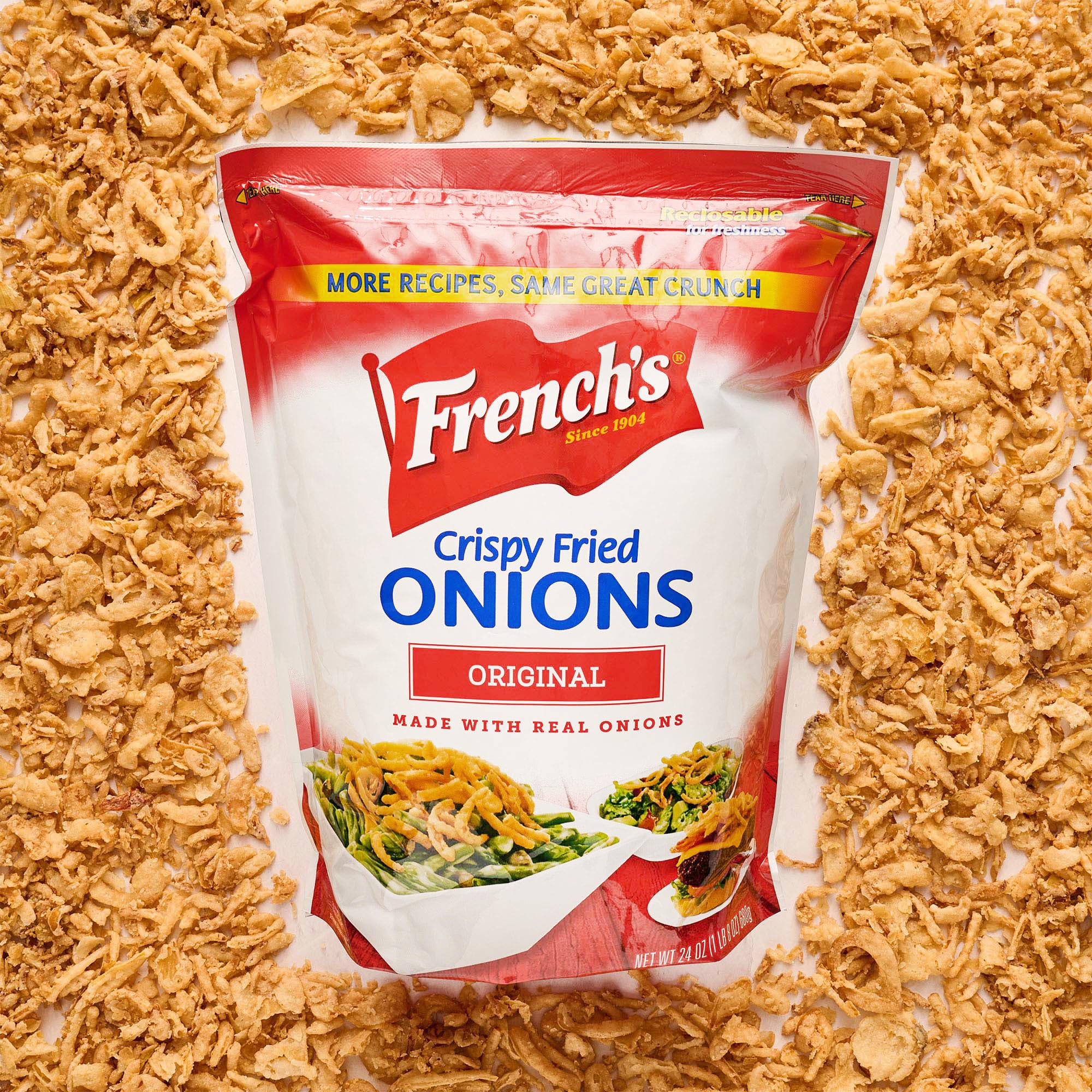French's Original Crispy Fried Onions, 24 oz - One 24 Ounce Bag of Crunchy Fried Onions to Sprinkle on Salads, Potatoes, Chicken, Burgers and Green Bean Casseroles