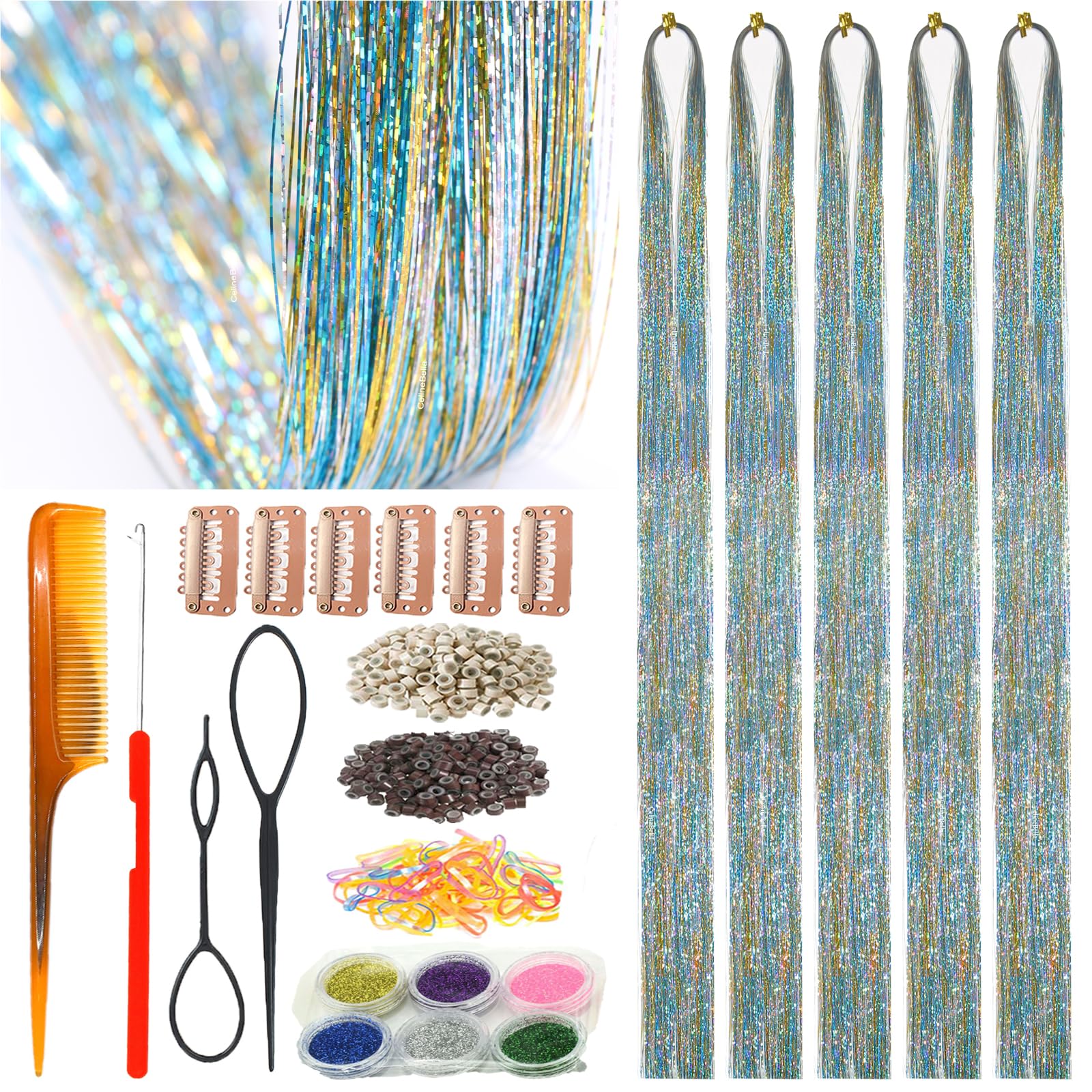 Celinebella Bubblegum Pink Hair Tinsel, 48" 1250 Strands Bright Shimmer | Vibrant hot pink bubblegum tone, youthful energetic, heat resistant, great for prom concerts birthday parties events