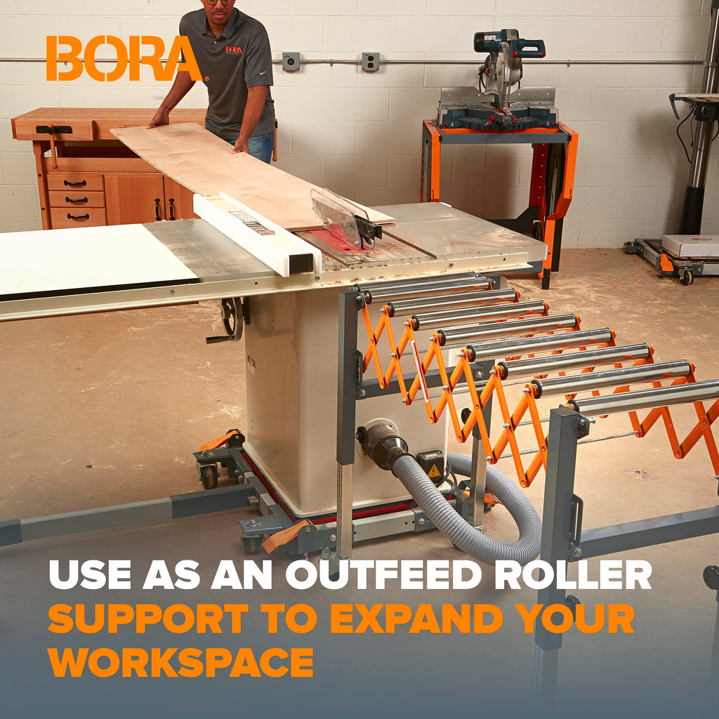 Bora Adjustable Conveyor Rollers Stand Expandable 14 to 50 Inch Table Saw Outfeed Roller for Woodworking 300 lbs Capacity Locking Casters PM-2700