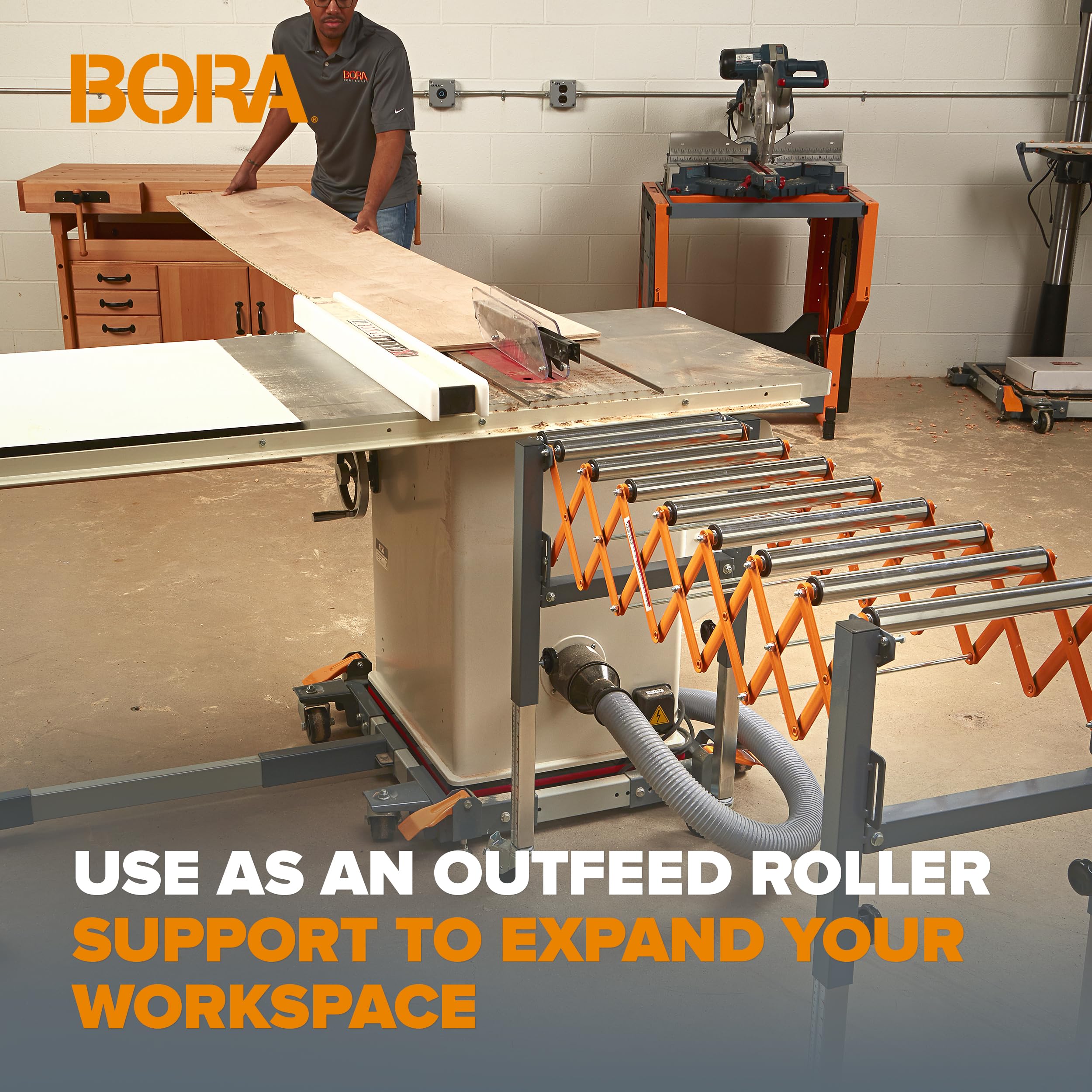 Bora Adjustable Conveyor Rollers Stand Expandable 14 to 50 Inch Table Saw Outfeed Roller for Woodworking 300 lbs Capacity Locking Casters PM-2700