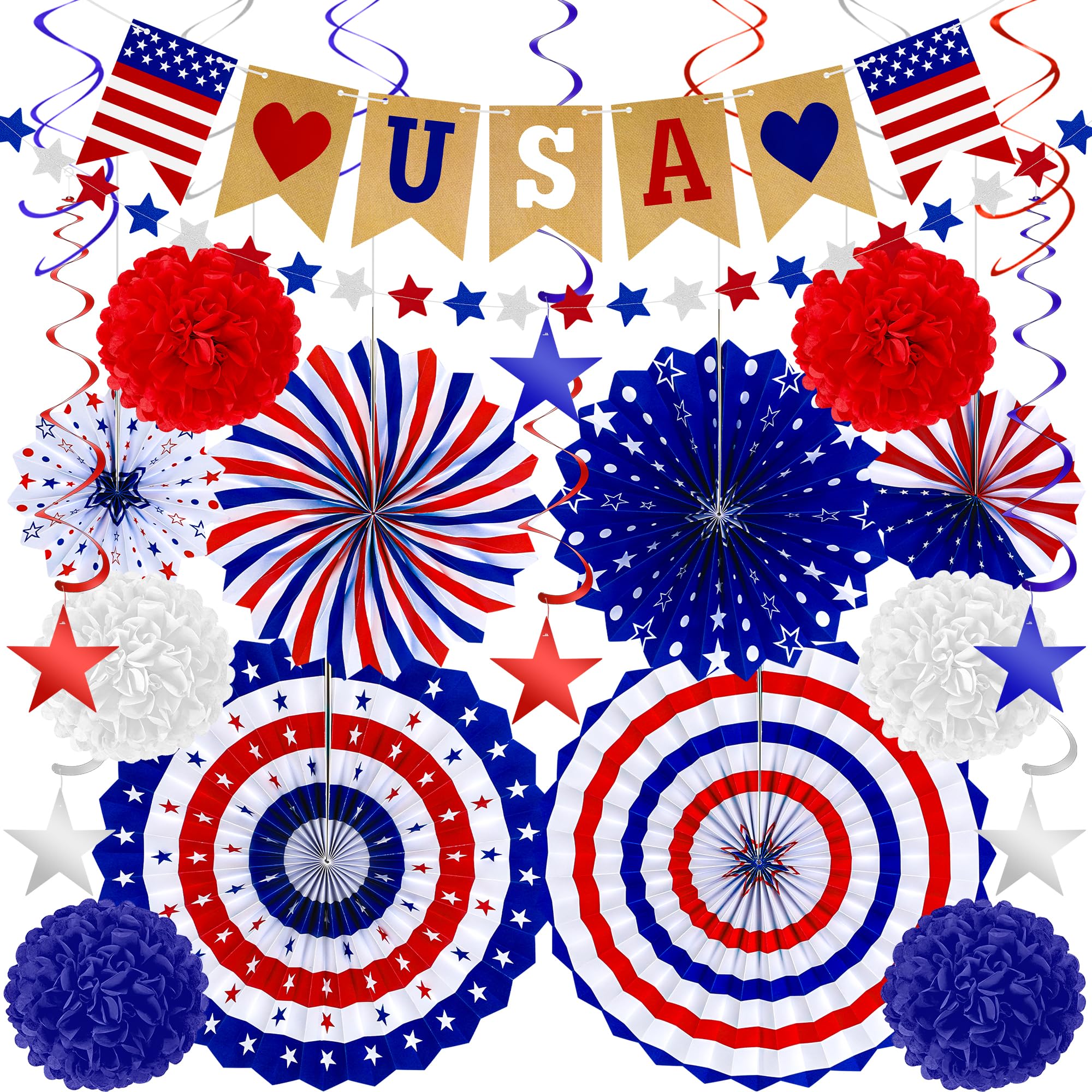 26 PCS 4th of July Decorations, 250th Memorial Day Red White Blue Paper Fans Decorations, 4th of July Banner Pompom Garland and Hanging Swirls Set for Fourth of July Independence Day Decor