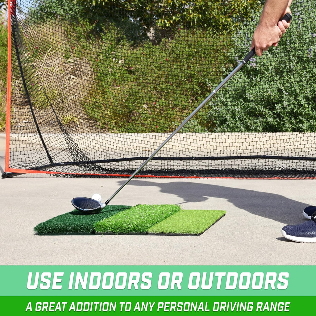 GoSports Tri-Turf XL Golf Hitting Mat – 24x24 in Golf Practice Mat for Indoor/Outdoor Training, Fairway Rough Tee Turf, Portable Golf Mat for Backyard, Garage & Golf Simulator Use