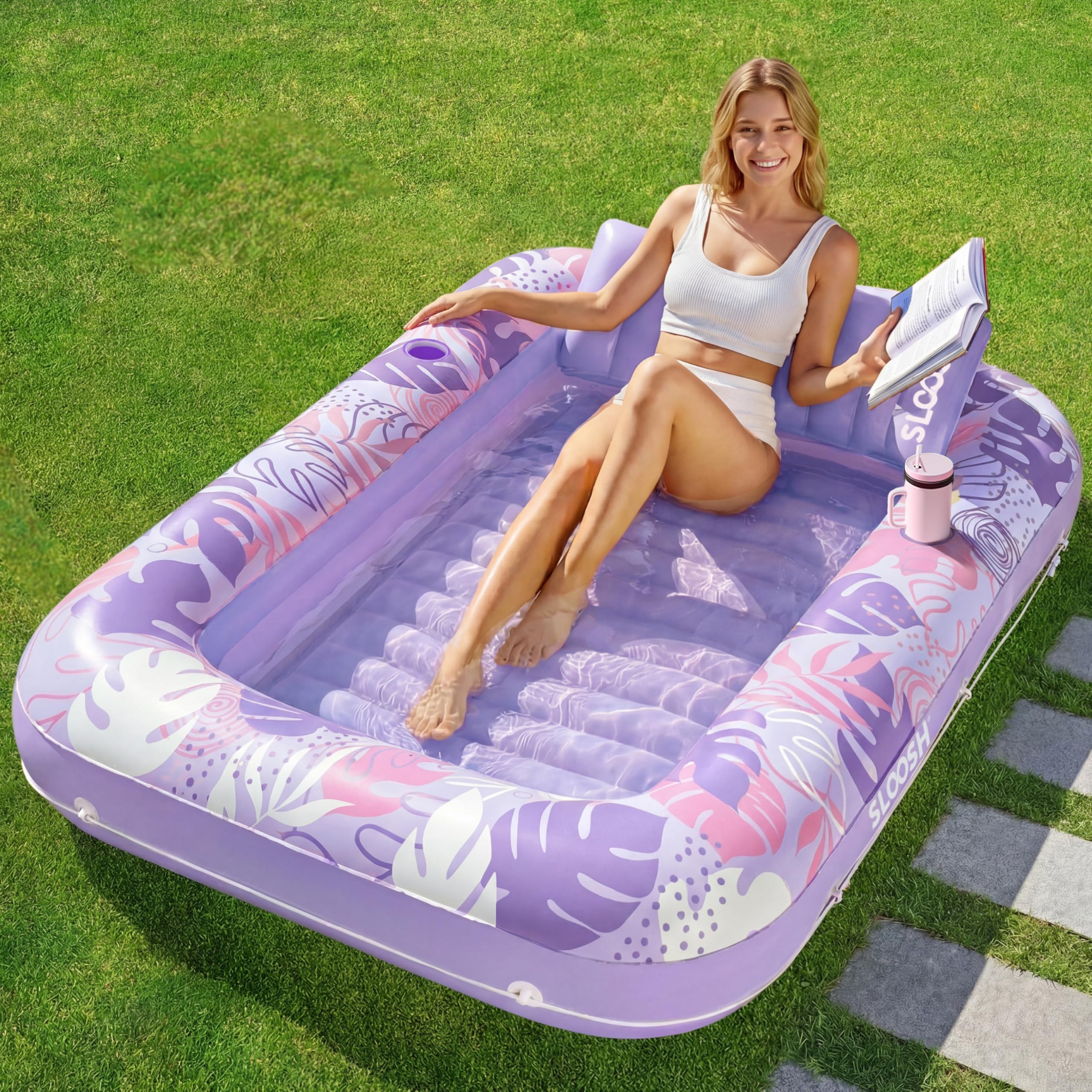 SLOOSH Inflatable Tanning Pool Lounger Float, 85" x 57" Extra Large Pool Floats Adult with Pillow, 4 in 1 Suntan Tub Raft Floatie,Sunbathing Bed Lounge for Water Blow Up Ball Pit Party Gifts, XL-Blue