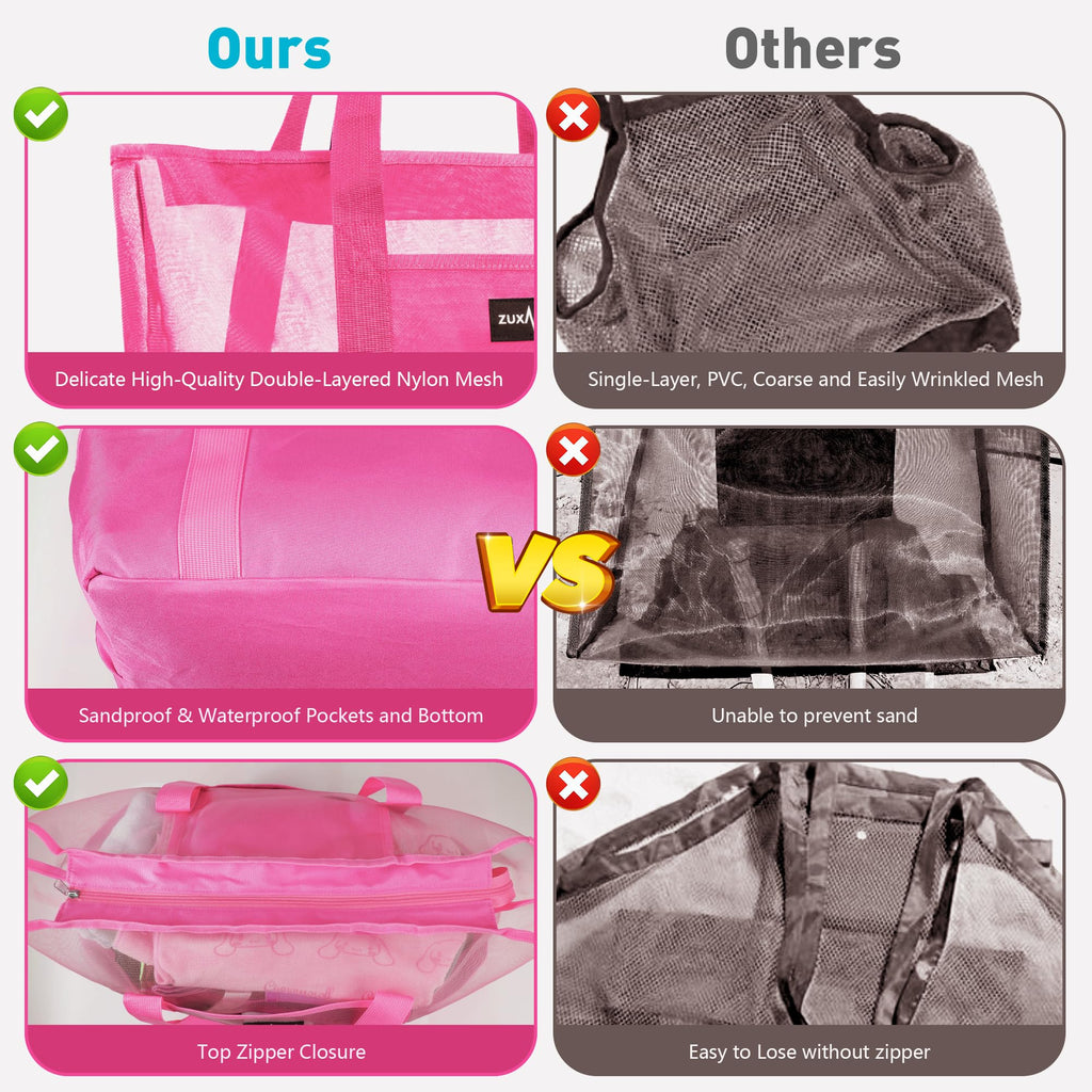 Mesh Beach Bag - Large Waterproof Beach Tote Bag with Zipper, Oversized Foldable Lightweight Family Swim Bag Vacation