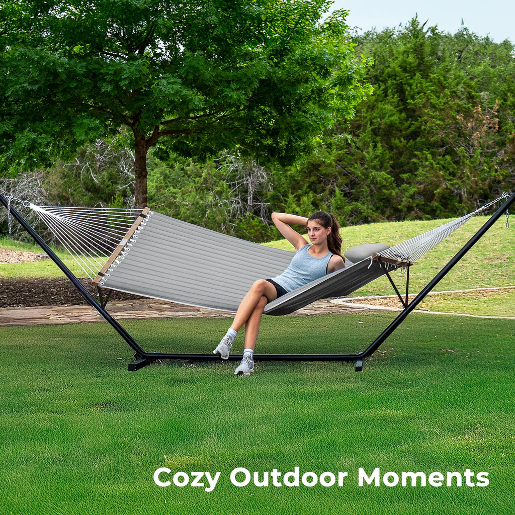 SUPERJARE Hammock with Stand, 2 Person Quilted Outdoor Hammock, Detachable Pillow & Bamboo Spreaders, Portable Hammock with Carrying Bag, Heavy Duty Stand, Perfect for Outside, Patio, Aqua Blue