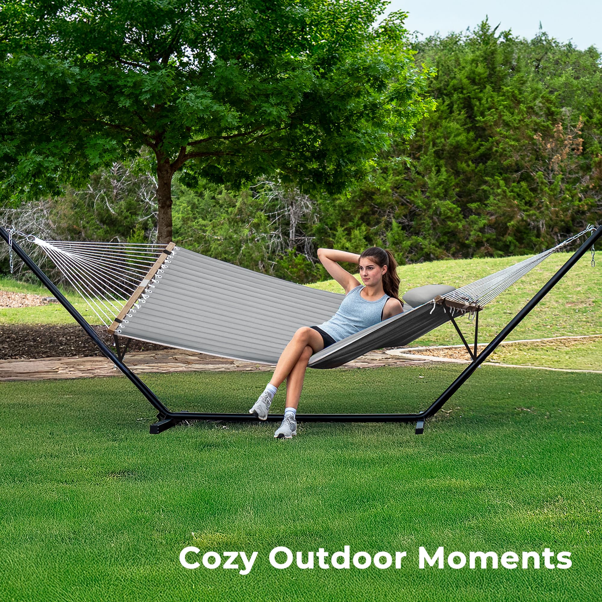 SUPERJARE Hammock with Stand, 2 Person Quilted Outdoor Hammock, Detachable Pillow & Bamboo Spreaders, Portable Hammock with Carrying Bag, Heavy Duty Stand, Perfect for Outside, Patio, Aqua Blue