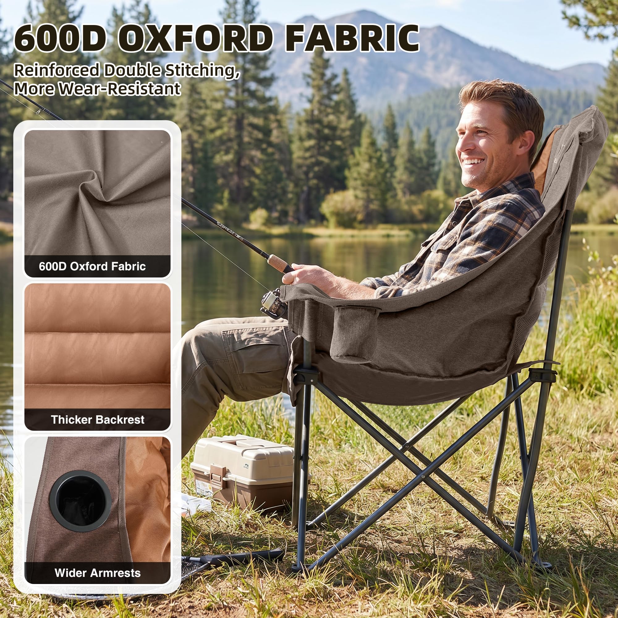 Double Camping Chair Heavy Duty Oversized Padded Loveseat for Adults 2 Person Outdoor Portable Camping Chairs for Lawn, Backyard, Fishing, Trip, Support 600lbs, Grey