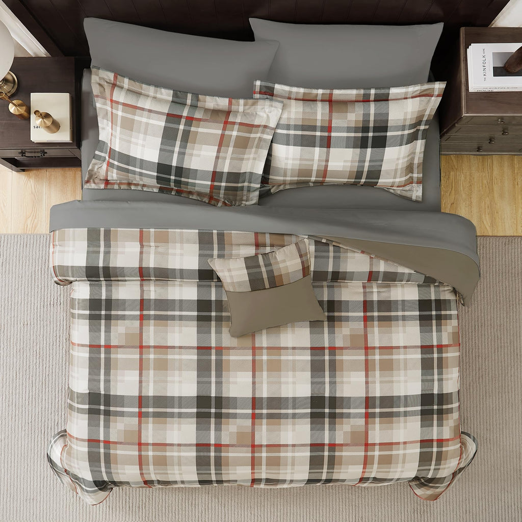 MaiRêve Queen Comforter Set, Classic Plaid Farmhouse Bedding Sets 7 Pieces, Beige All Season Bed in A Bag with Sheets, Pillowcases & Shams