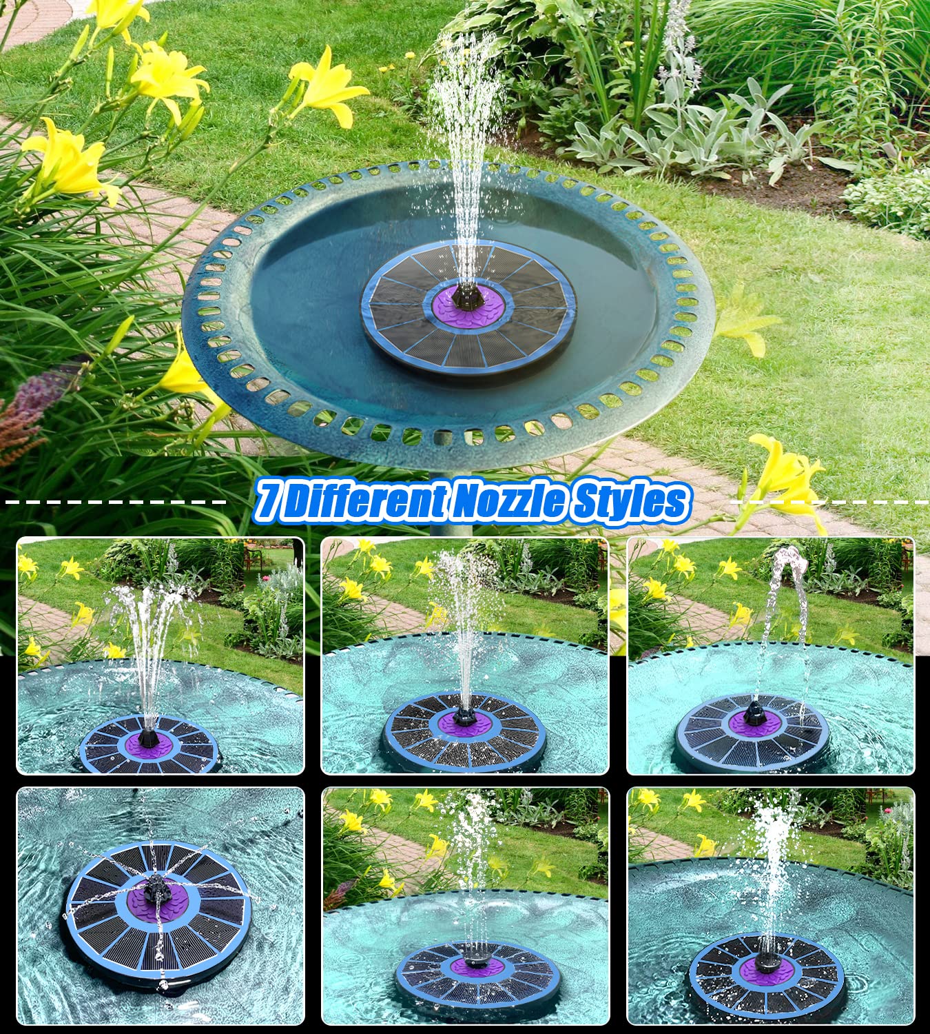 SZMP Solar Fountain 3.5W Bird Bath Fountains with Flower Upgraded Glass Panel, Solar Powered Water Fountain with 7 Nozzles & 4 Fixer, Solar Fountain Pump for Bird Bath, Garden, Pond, Outdoor -Black