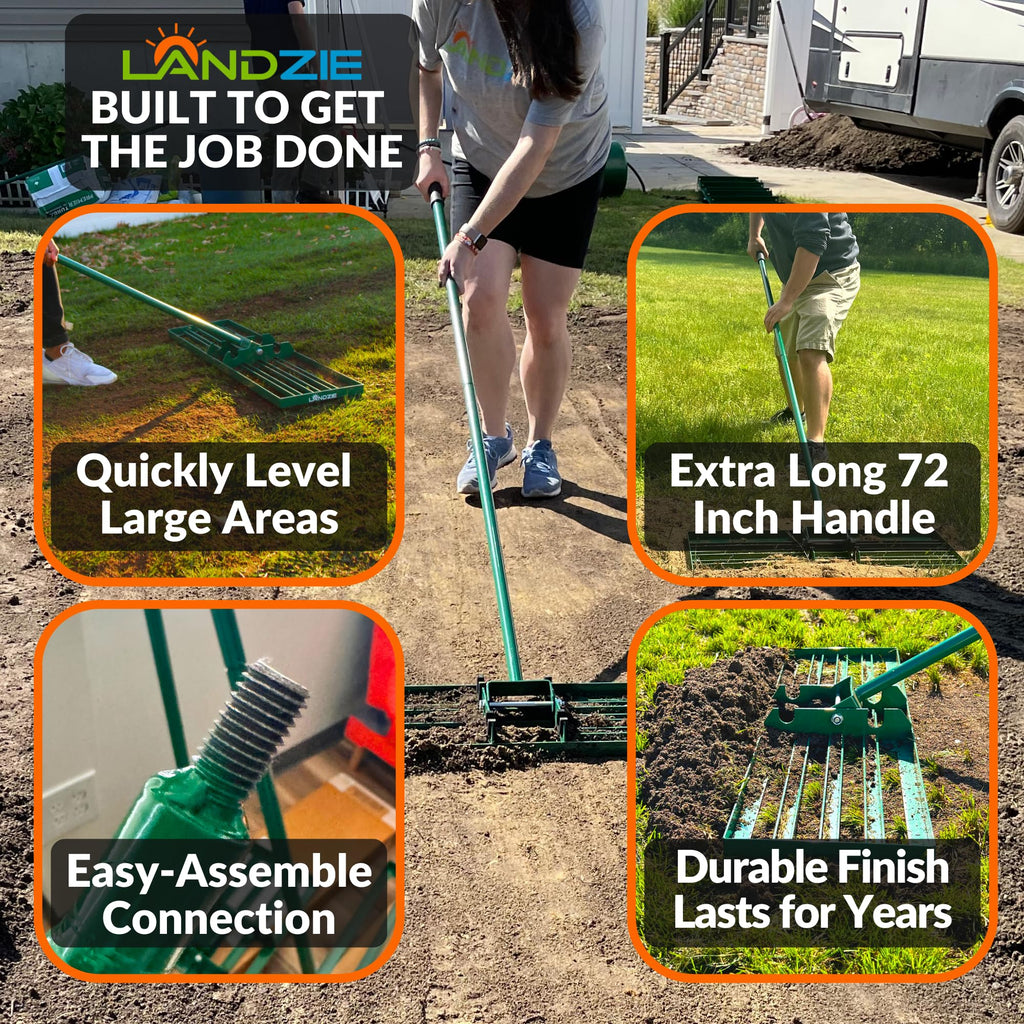 LANDZIE - The Original Lawn Leveling Rake – 24" Steel Handle Yard Leveler, Lawn Level Tool for Creating a Flat Surface - Works for Soil, Dirt, Topdressing, and Ground