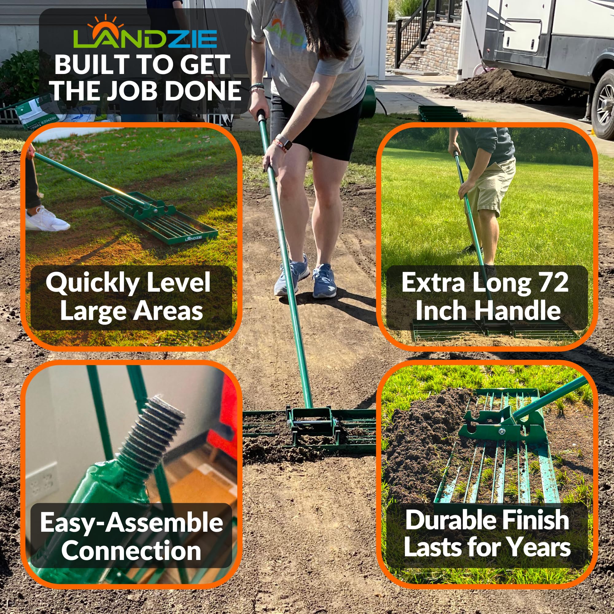 LANDZIE - The Original Lawn Leveling Rake – 24" Steel Handle Yard Leveler, Lawn Level Tool for Creating a Flat Surface - Works for Soil, Dirt, Topdressing, and Ground