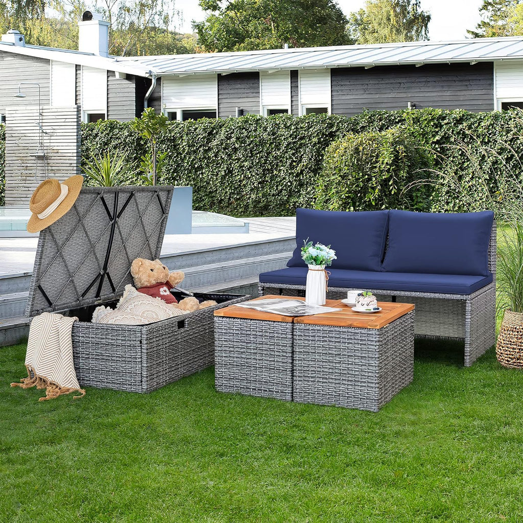 Devoko Outdoor Daybed Set Multifunctional Patio Day Bed Rattan Lounge Bed with 2 Side Tables for Backyard Porch Poolside Lawn Beach (Beige White)