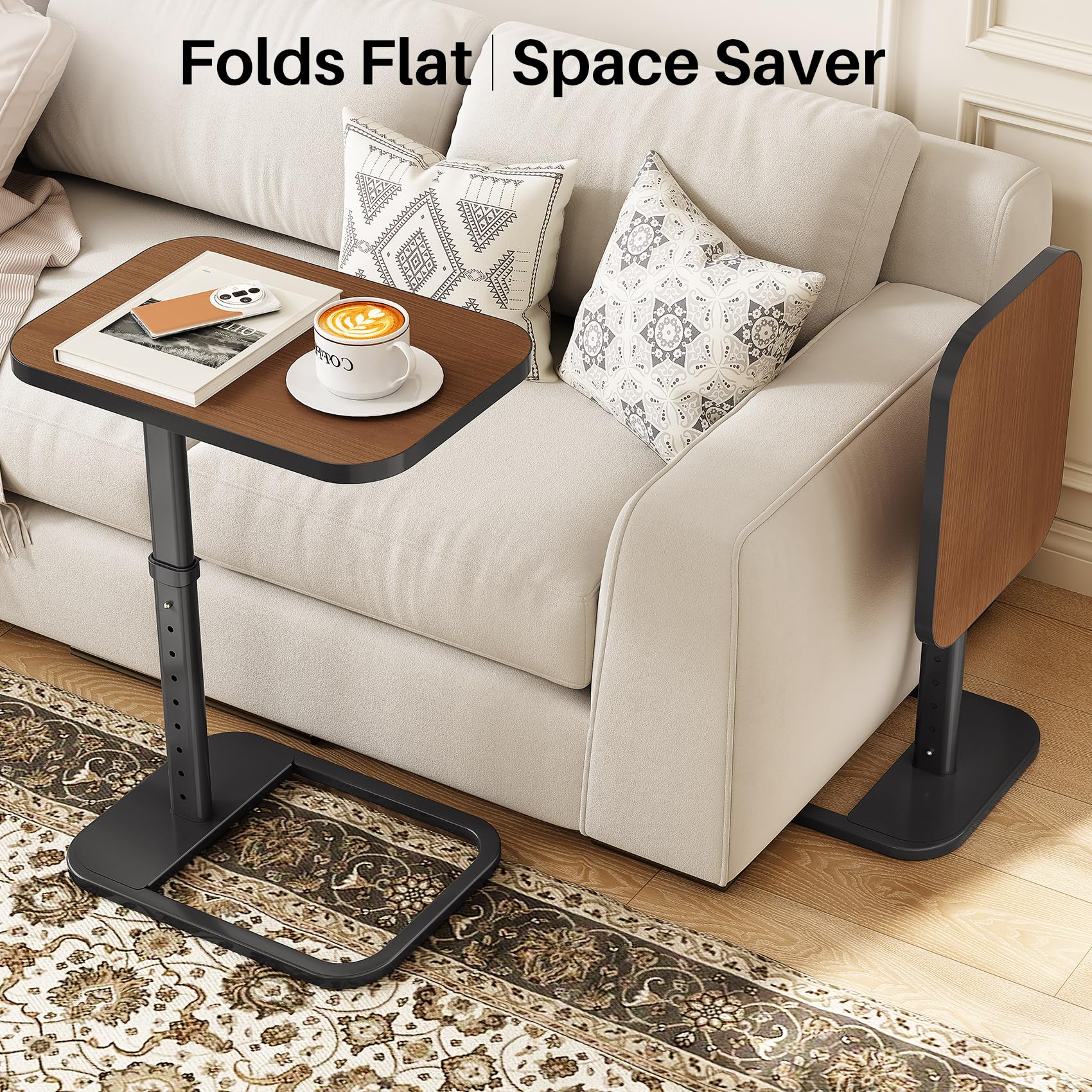 Kitstorack TV Tray Table, Adjustable Height & Rounded Metal Corners, Snack Table for Couch, Sofa, Bed, Chair, Living Room, C Shaped End Side Table for Eating, Dinner or Laptop, Small Spaces, Black