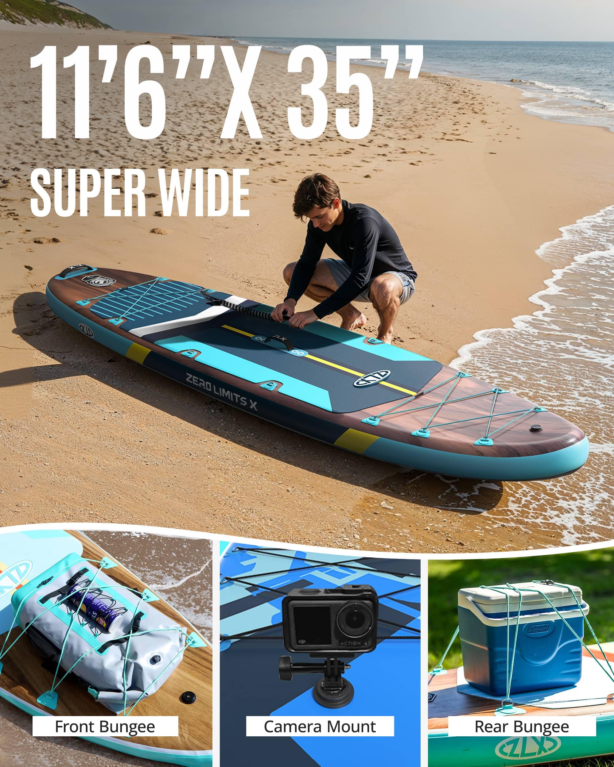 ZLX 11'6"x35" Ultra Wide Inflatable Stand Up Paddle Board | Stable Non-Slip Deck Pad, Unique Fin System, Premium SUP Accessories & Backpack - Upgraded Pump for Adults, All Skill Levels