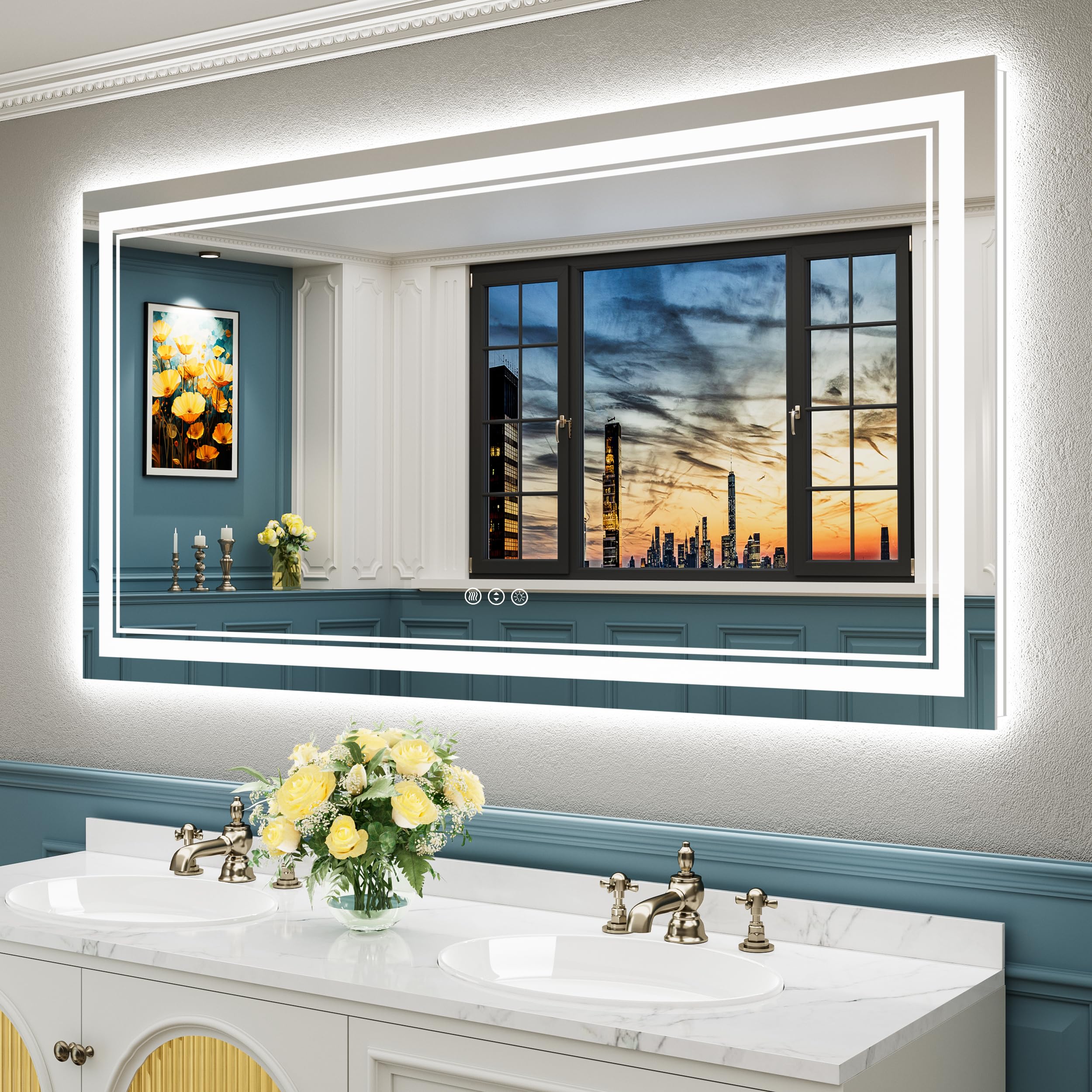 24x32 Black Framed LED Bathroom Mirror with Lights, Backlit and Front Lit Anti-Fog Lighted Vanity Mirrors for Bathroom Wall, Dimmable, 3 Colors, Memory, HD Tempered Glass, Horizontal/Vertical